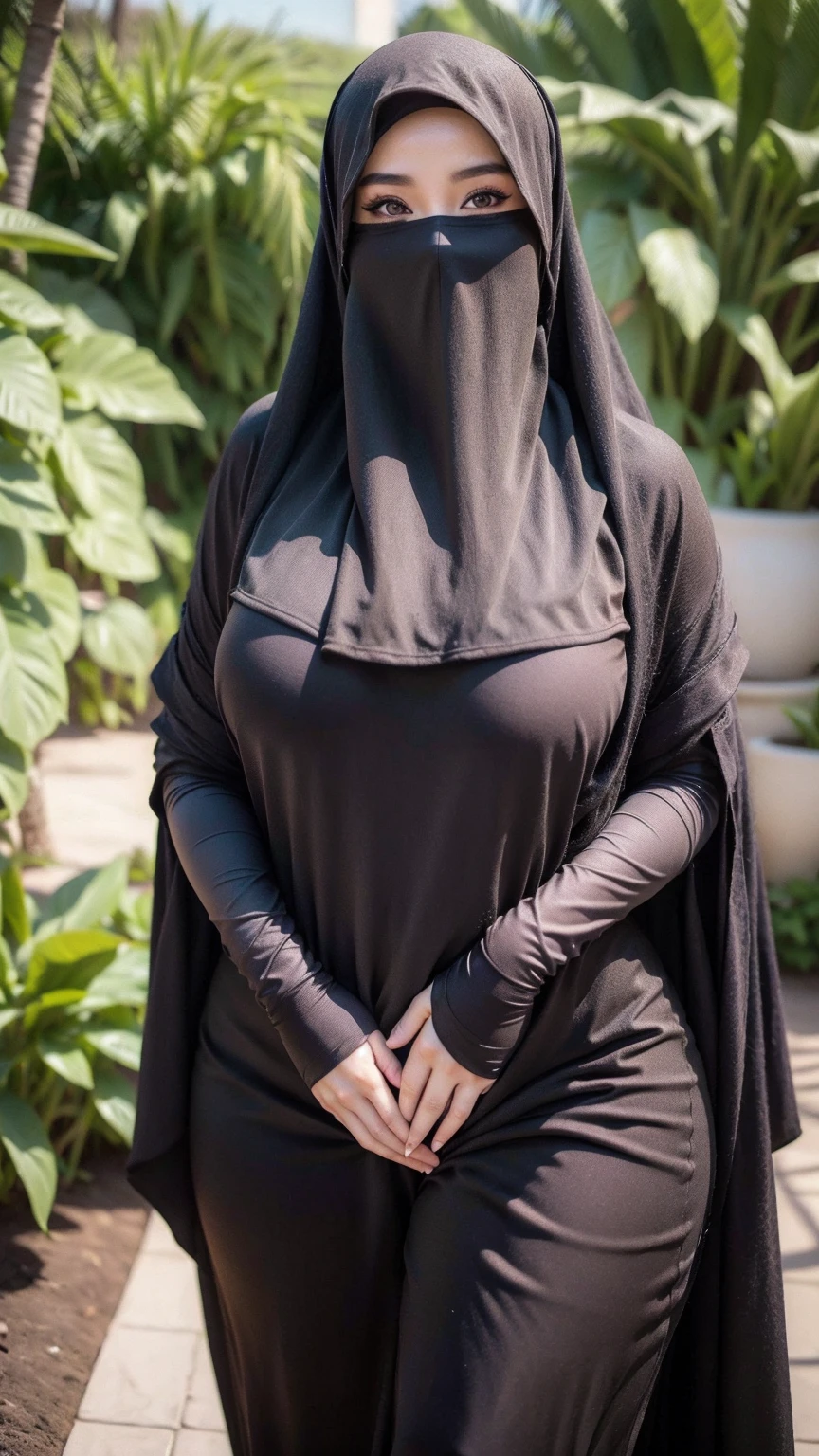  a beautiful young woman hijab, (((super big breast))), (very big breast covered), (Big breast), bare breast, perfect face, (((very huge big breast,))), ((( Big Breast))) sleeveless long dress muslim, (((covering mouth, long veil))), Slim Face、25 years old, stil young, Pretty Lady, armpit showing, white chiffon maxi skirt, thighs emphasis, holding her breast, smile eyes, walk, (big breast covered) , batthroom, fat belly, 