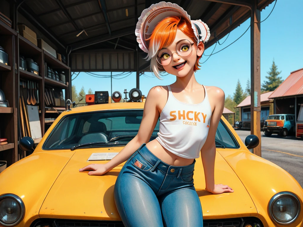 (detailed beautiful eyes and detailed face, masterpiece side light, masterpiece, best quality, detailed, high-resolution illustration), best quality, ultra detailed, extremely detailed, (masterpiece:1.1), high quality, (highres), (1 female driving), ((Mechanic shop background, red antique car, engine), neon light, night sky, Dia de los Muertos, Mexico), ((fixing car, beautiful woman, Mexican, Hispanic, shiny skin, sweaty, curvy, tanned skin, shoulder sunflower tattoo, full body), (magenta hair, pink colored eyes, magenta fox ears, sunglasses on head, (overalls, dirty, oil stain) ))