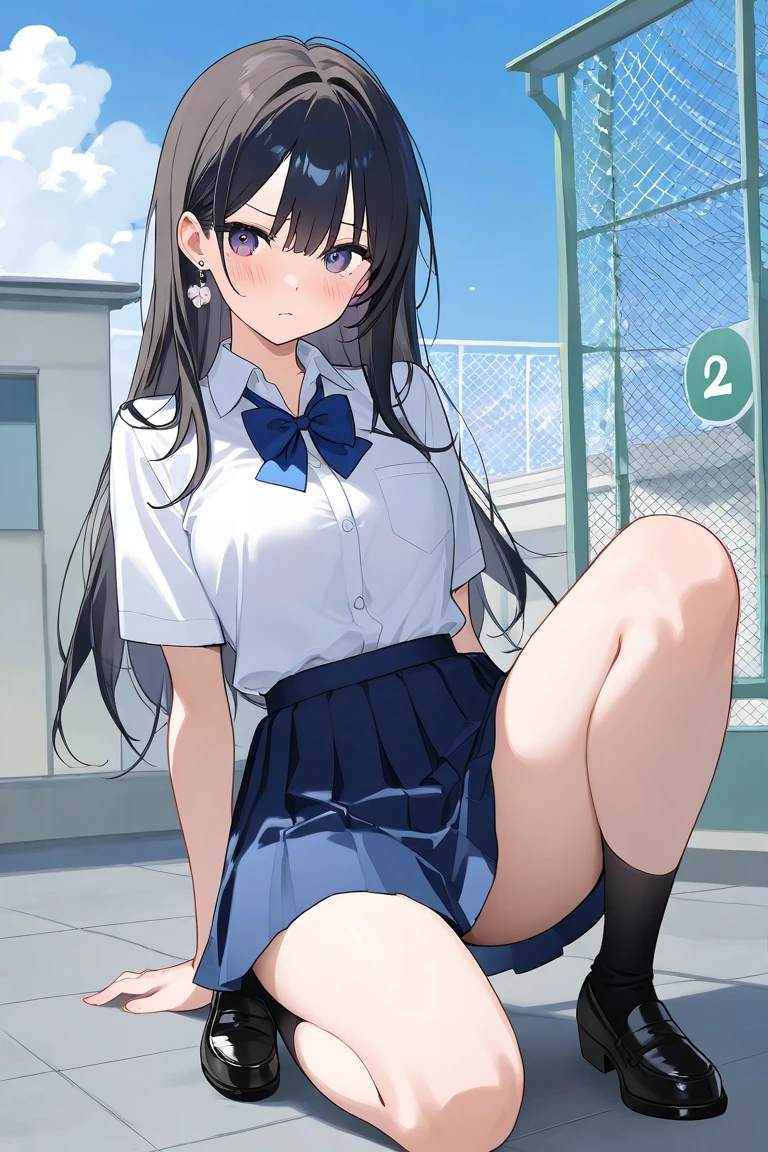 Elementary school girl 8-year-old Flat Chest Black Hair Long Hair Purple eyes 1 person White short-sleeved gym uniform Navy blue thick panties Bloomers White socks sneakers School gym Are standing Dynamic Angle Low Angle