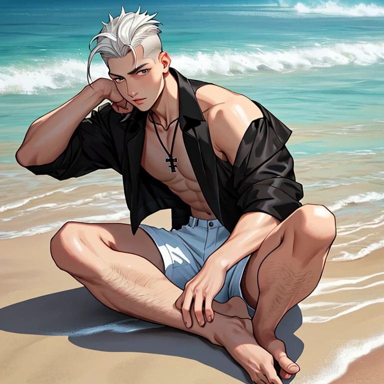 (absurderes, A high resolution, Ultra detailed, hdr), Masterpiece, Best quality, 1boy, Solo, Handsome, Short hair, I((Numagi Toga)), White hair, Closed mouth, Open shirt, swim trunks, beach, Clear sky and horizon, Sunny, ventania, From the side Side,(The barefoot)