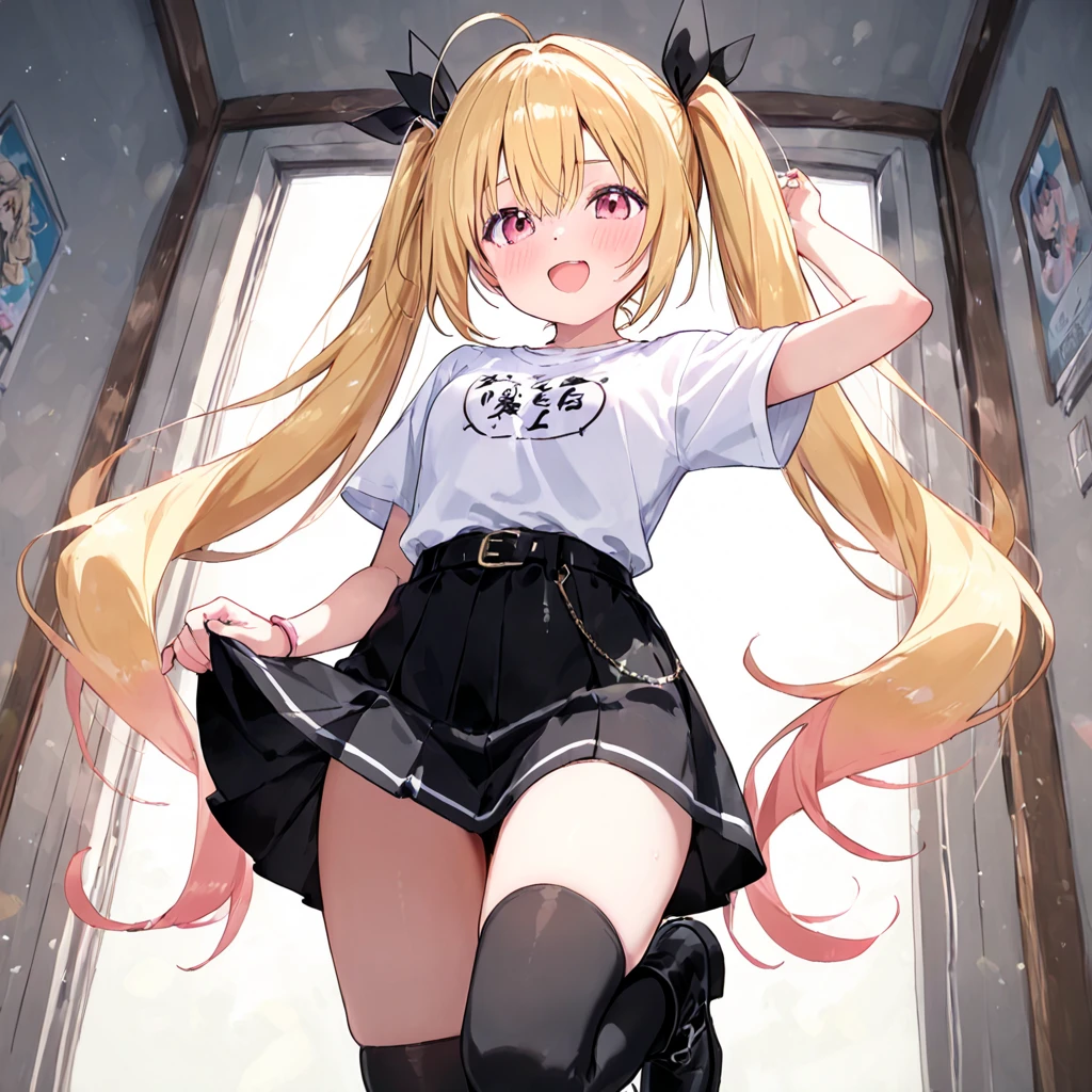 Girl who looks active, crying and apologizing, (blonde, wavy long hair: 1.2, bangs Patsun), cat cosplay, fluffy tail, heart tattoo all over body, knee-high, long boots, (twin tails), ((Heart tattoo on lower abdomen)))))), ((dyes cheeks with embarrassment)