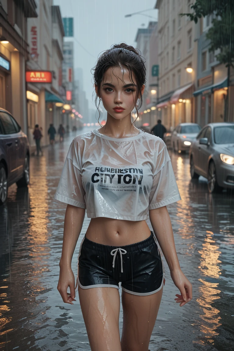 high details , raining ,best quality,8k resolution,full body, the girl,20 yo, myanmar ,short pant,white shirt,