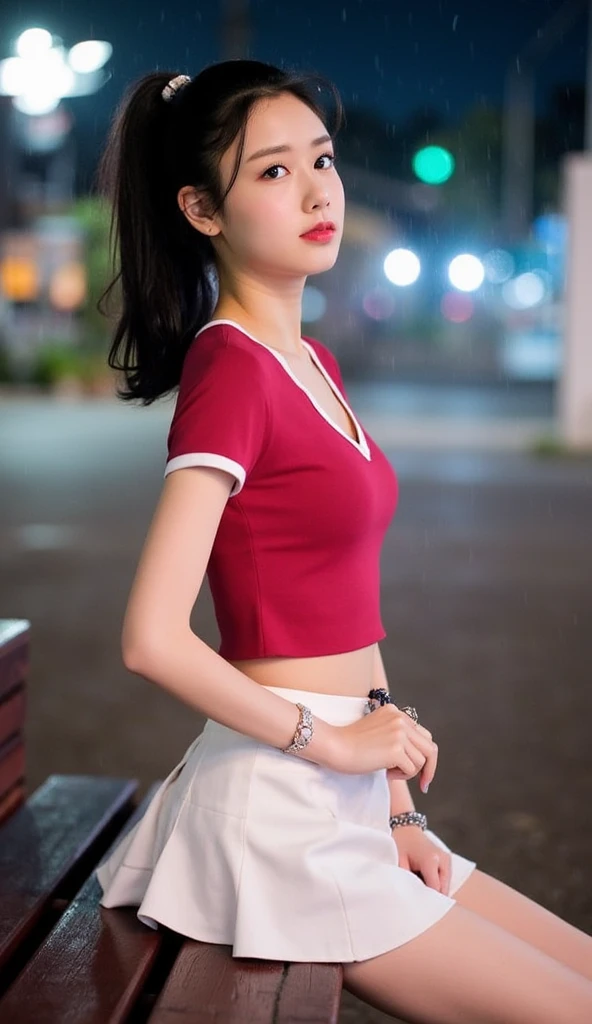 (8K, Raw photo, highest quality, table top:1.2), (realistic, Photoreal:1.37), 超A high resolution, 1 girl, 18-year-old, (Idol:1.4), (famous actress :1.4), (beautiful and detailed face:1), bangs,smile with white teeth、 (cleavage)、 (colorful floating hairs), skin dents, light makeup, (beautiful big breasts:1.3), (glowing skin:1.1), shiny skin, long limbs, slim, saggy breasts:1.3, tight waist, medium hips, thin legs, slim thigh, dynamic lighting, A face that gives a sexual impression, shiny texture, Lipstick, V-shaped eyebrows, V line chin, looking at the viewer, (long hair:1.3), (perfect face:1.4), ((strong wind)), flowing hair, audience, (smile:1.3), blue sky, (((Monte Carlo Street Circuit))), (((racing car))), (((racing bike))), ((promotion girl:1.3)), ((grid girl:1)), pink lip, light makeup, (Wear elaborately recreated promotional costumes:1.10), lace up boots, short sleeve, cropped tops, ((short jacket:1)), (tube top bra:1), knee high, (((ロゴがたくさん入ったナイロンshort sleeveジャケット))), (Knee-length glitter nylon pleated skirt), ((Asymmetric medium size nylon pleated skirt)), small ass,  ((promotional wear with logo)), (((Red and white glitter promotional wear))), fingerless gloves, navel view style, black haired, brown hair, redhead, blue eyes, (drops of sweat:1), (dynamic angle), walk, lean forward, audience,
