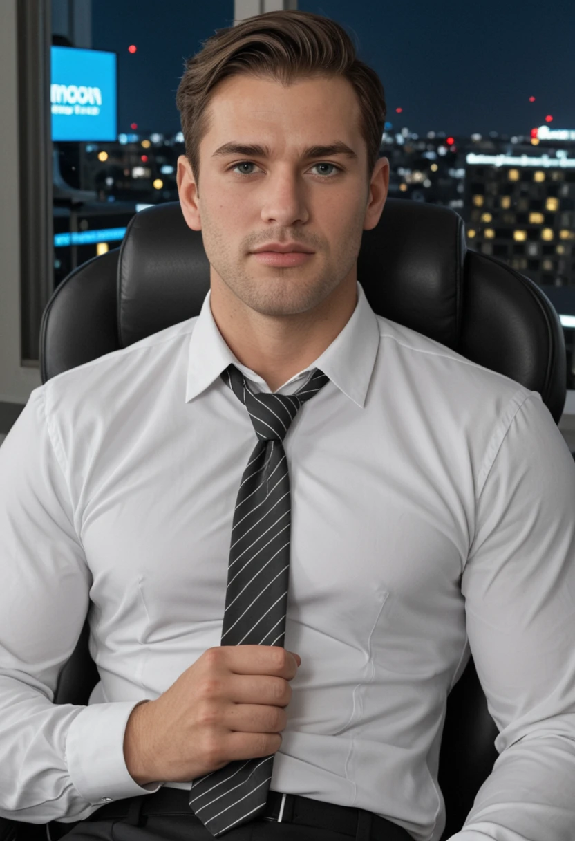 photo of a hansome man, necktie, open social shirt, dress pants showing a peace of white hannes down of pants, muscular, stubble, mature, cinematic lighting, sitting in a chair, at the office,(8k, RAW photo, best quality, masterpiece), (realistic, photo-realistic), hidinh his cock under the pants, one pelvic tattoo.