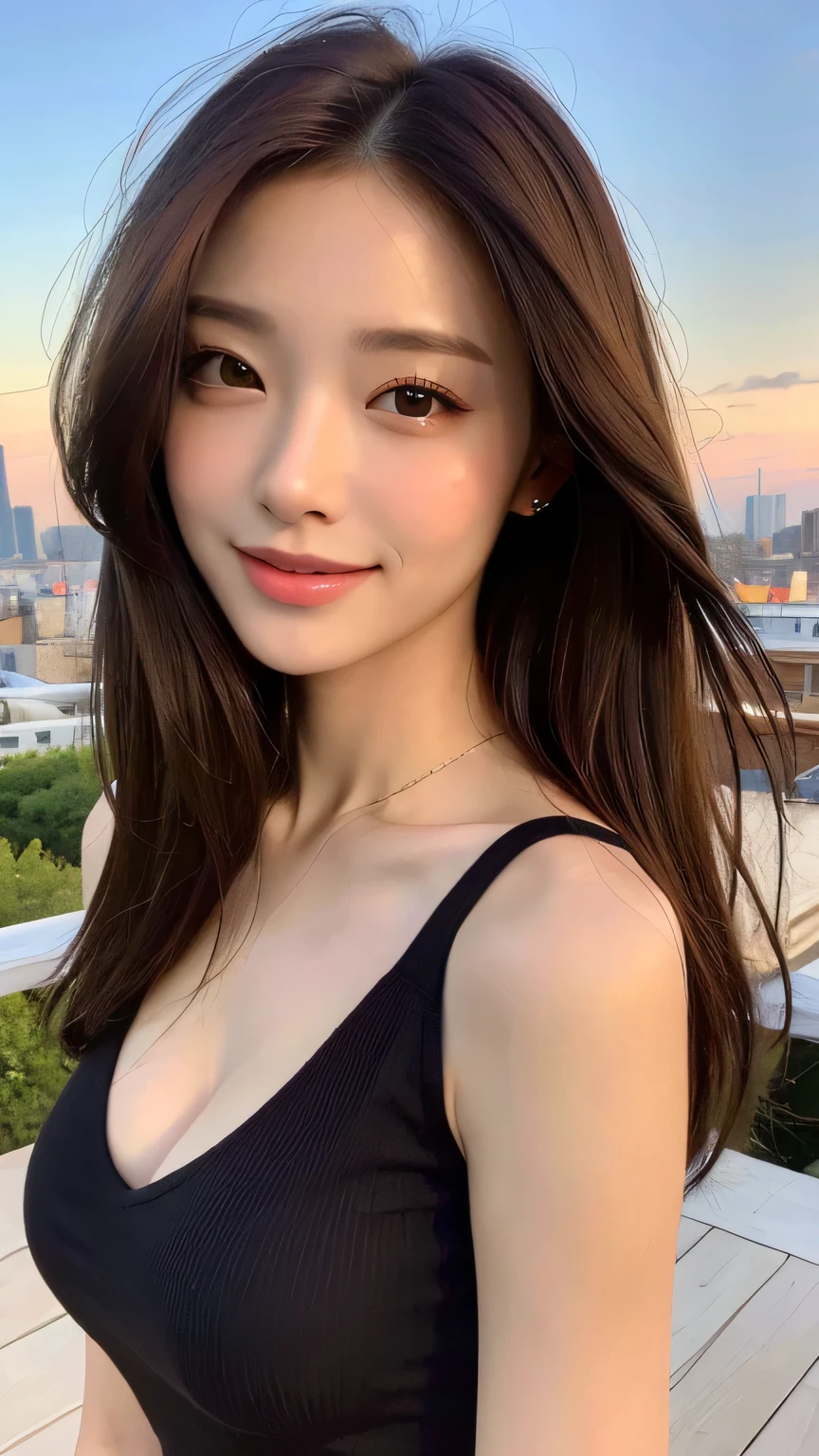 ((Realistic Sunlight, Top Quality, 8k, Masterpiece: 1.3)), Sharp Focus: 1.2, Pretty girl with perfect figure: 1.4, Toned Abs: 1.2, ((Dark Brown Hair, Huge Breasts: 1.4)), Swimsuit, Up-Hairstyle, Wearing a Bikini, (Street, Natural Light: 1.1), Sandy: 1.2, Highly Detailed Face and Skin Texture, Detailed Eyes, Double Eyelids, Constricted waist, flowing hair, smile, wearing a pendant,