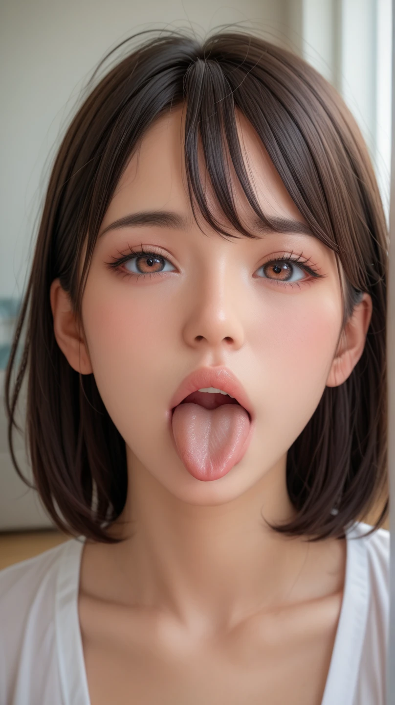 1girl, (sticking out her tongue out), (tongue), ultra high res, photorealistic, best quality, 8k resolution, masterpiece, cat ears, choker, garter belt, garter straps, latex, competitive swimsuit, tank top, close up face view, (ahegao), kneeling, oh face, Open your mouth wide, Stick out your tongue to receive, One hand in your mouth, Ecstasy, (White sperm on your face), Face up, Shoot from above, (White sperm dripping from your mouth), Tongue sticking out, (White sperm accumulation on the tongue), ecstatic look, a large amount of white sperm in the mouth, holding a very thick brown sausage in your hand, Sucking very thick brown sausage, cheeking very thick brown sausage, a large amount of white sperm from the tip of a very thick brown frankfurter, white sperm on the chest, delicate fingertips, complicated fingertips, sucking a thick brown mountain jaw to the back of the throat white sperm leaking from the gap, water discharge from the crotch, a large amount of sperm all over the body, a large amount of vaginal shot, nsfw, eyes roll back, eyes up, megumin