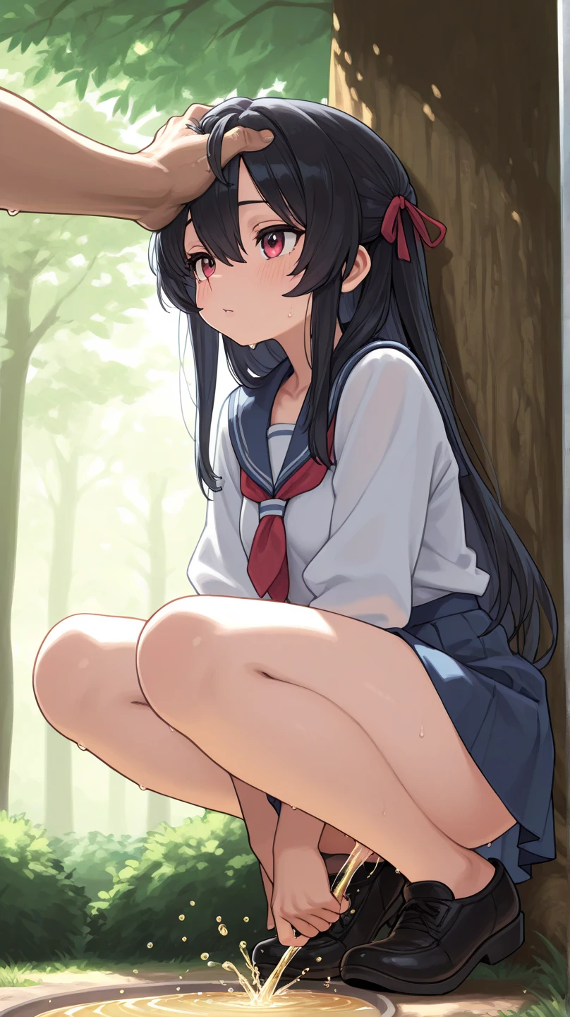Highest quality、Short black hair、Twin tails、Iris、Grinning、、low length、White T-shirt、belly button、Black Skirt、Knee socks、Panty shot、Pink Panties、garden