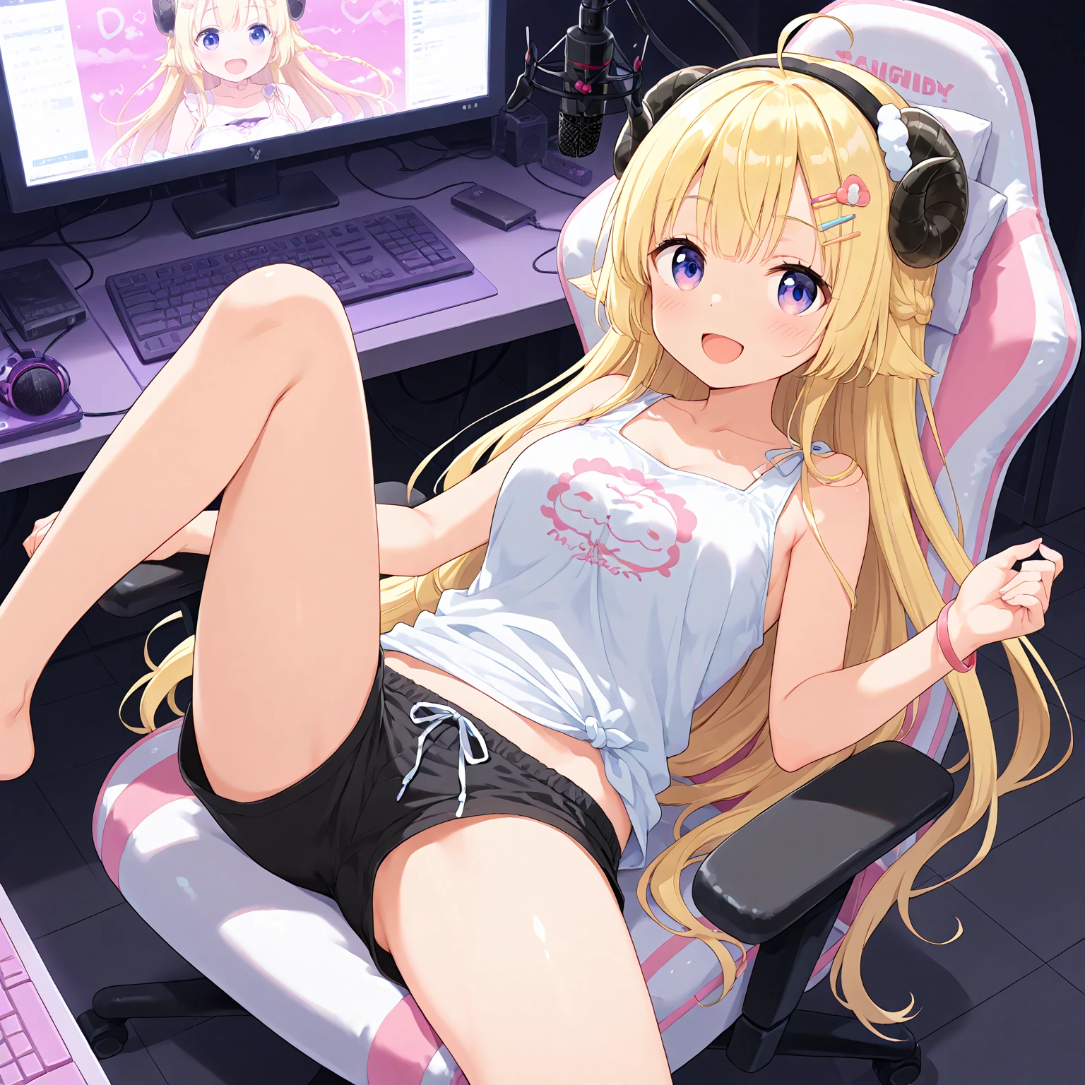 Twitch gamer girl ((@vanilopa_tik)crazy and pretty Russian (age 20) ass up bent over petting cat, cute geek, 80s big slightly curled hair, a little belly, slutty Pokémon lingerie with 2 tails (dirty or cute messages on panties and or top), cat ear headset, lewd flirting, expensive gaming chair) video controller nearby, turned to face viewer