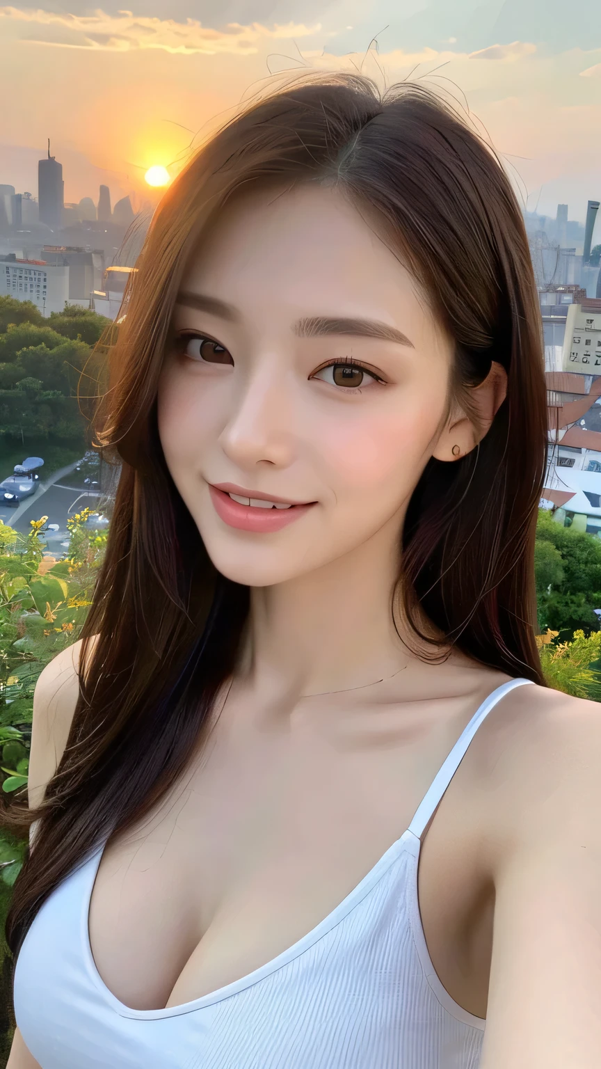 ((Top image quality、8K、​masterpiece：1.3))、The upper part of the body（1.3）、爆乳（5）、Excellent style、Gentle face、Parallel eyebrows、A smile、natural make up、Clothing that emphasizes cleavage、During your morning commute、Refreshing、The tree々Cafe from between、((Closed eyes))、Give me a kiss、Angle from above、Bring your arms forward、begging me to kiss