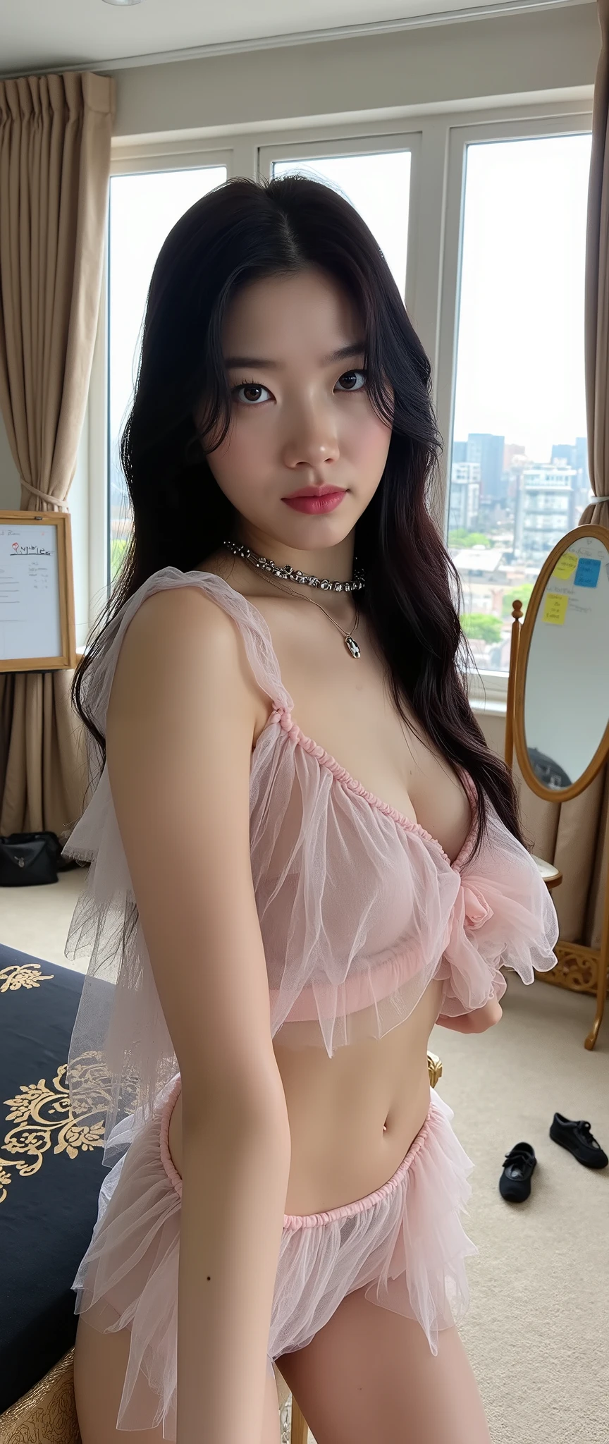 ((best quality)), photorealistic, photorealism, Photorealistic, high resolution, ((Wearing pink sexy lace night gown))、((no bra, no panties))、A superb beauty、Super cute、ennui、Rare beauty、Very Short hair、Black Dark Eyeshadow、Sad、white skin、pale skin, Very short hair、Dark Gothic Makeup、Cute Smile、Fragrant beauty、Stained glass background、Mastepiece、Best Quality、Refers to 5 books、Sweat glistening on my chest、Sweat glistening on my face、Large breasts、Blue hair、Age 20 years old、Mysterious look、A sad expression、Blue Hair、Glamorous concert stage、enchanting castle、Sweating profusely all over the body、A lot of sweat and light on the thighs、Shiny thighs、Plenty of sweat glistening on the thighs、A large amount of sweat glistens on my thighs、Sweating profusely、Gal、Large breasts、Beautiful face、Alluring expression、Thick thighs、Playing electric guitar、I have an electric guitar、Sing a song enthusiastically、Playing guitar in a band、Rock band、Playing guitar chords、Live House Background、Sing a song、Open your mouth、Live house scenery、Mike stand、Glamorous live stage、Dynamic Angle、cinematic lighting