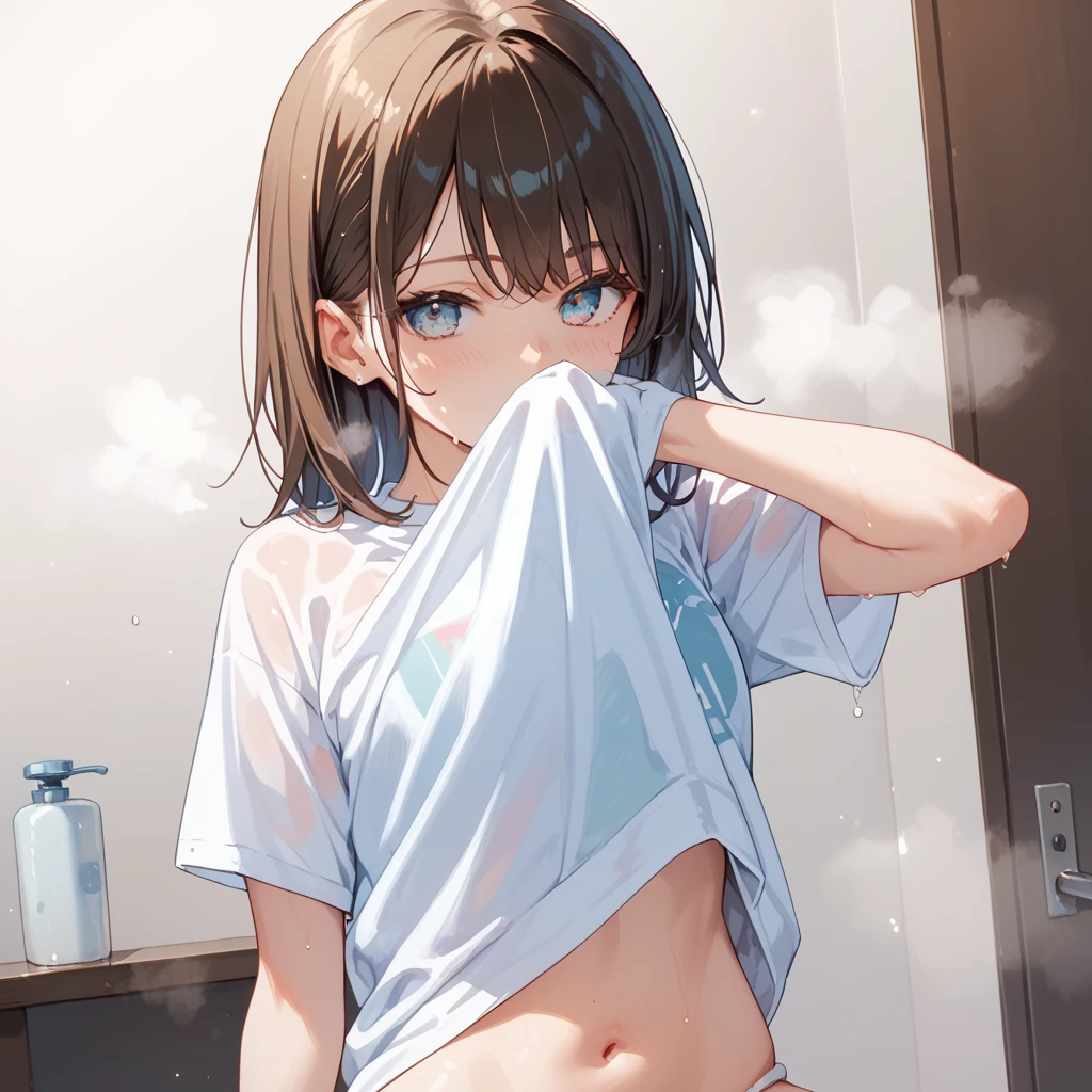 masterpiece, best quality, ultra detailed,1 girl, tan skin, twintail, (embarrassed,blush:1.3), ,nsfw, steam, wet, nipple, panties, 