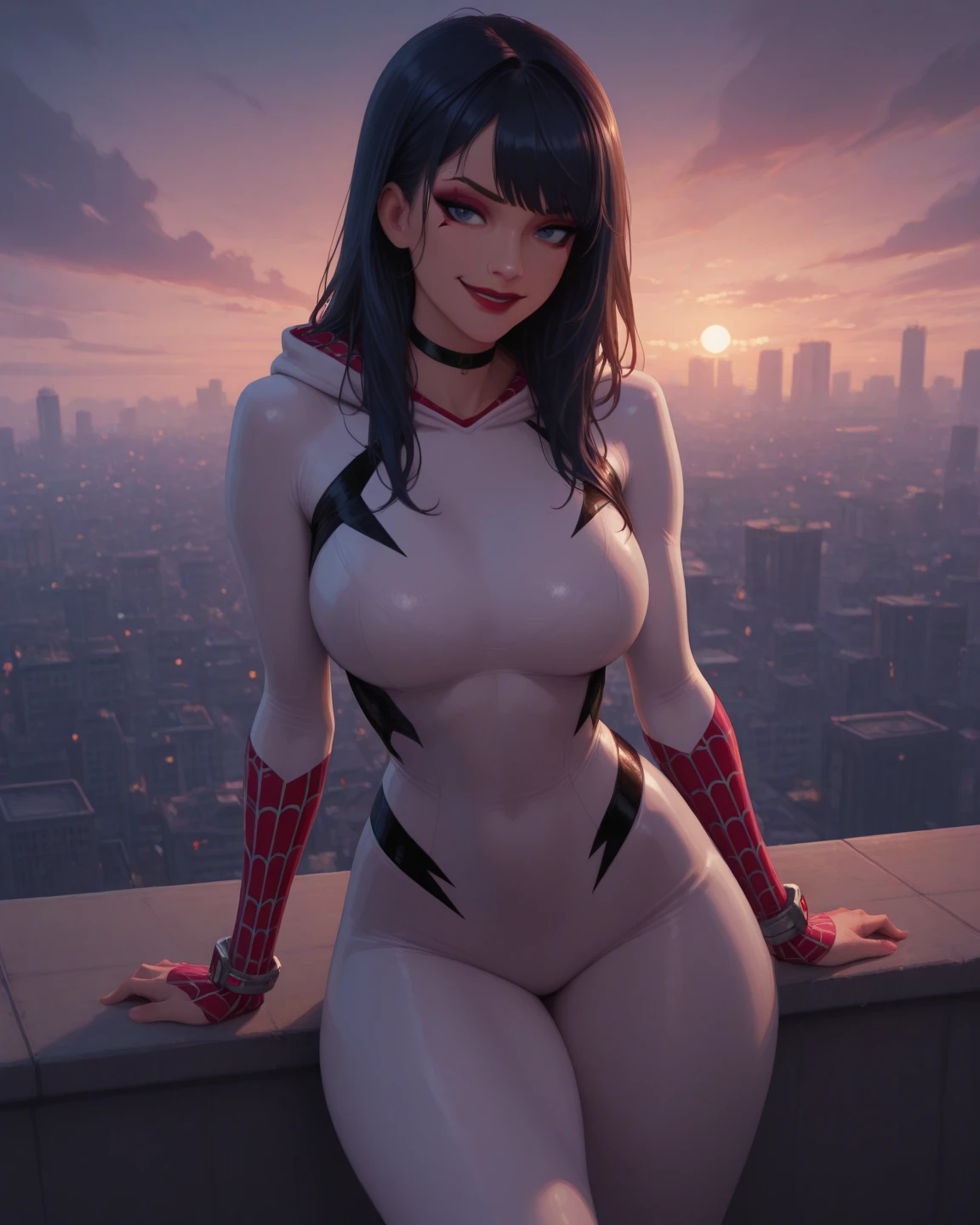 anime, anime profesional, (obra maestra, 4k-resolution, ultra realista, muy detallado), (White Superhero Themes, carismatic, hay una chica en la parte superior de la ciudad, vestido con el traje de Spider-Man de color negro y verde fluorescente, she is a superhero), [ ((25-years old), (Pelo largo y blanco: 1.2), Slim build, Cuerpo completo y perfecto, (ojos azules: 1.2), ((pose muy atrevida), (paisaje urbano, Por la noche, dinamic lights), (Luna llena)))]