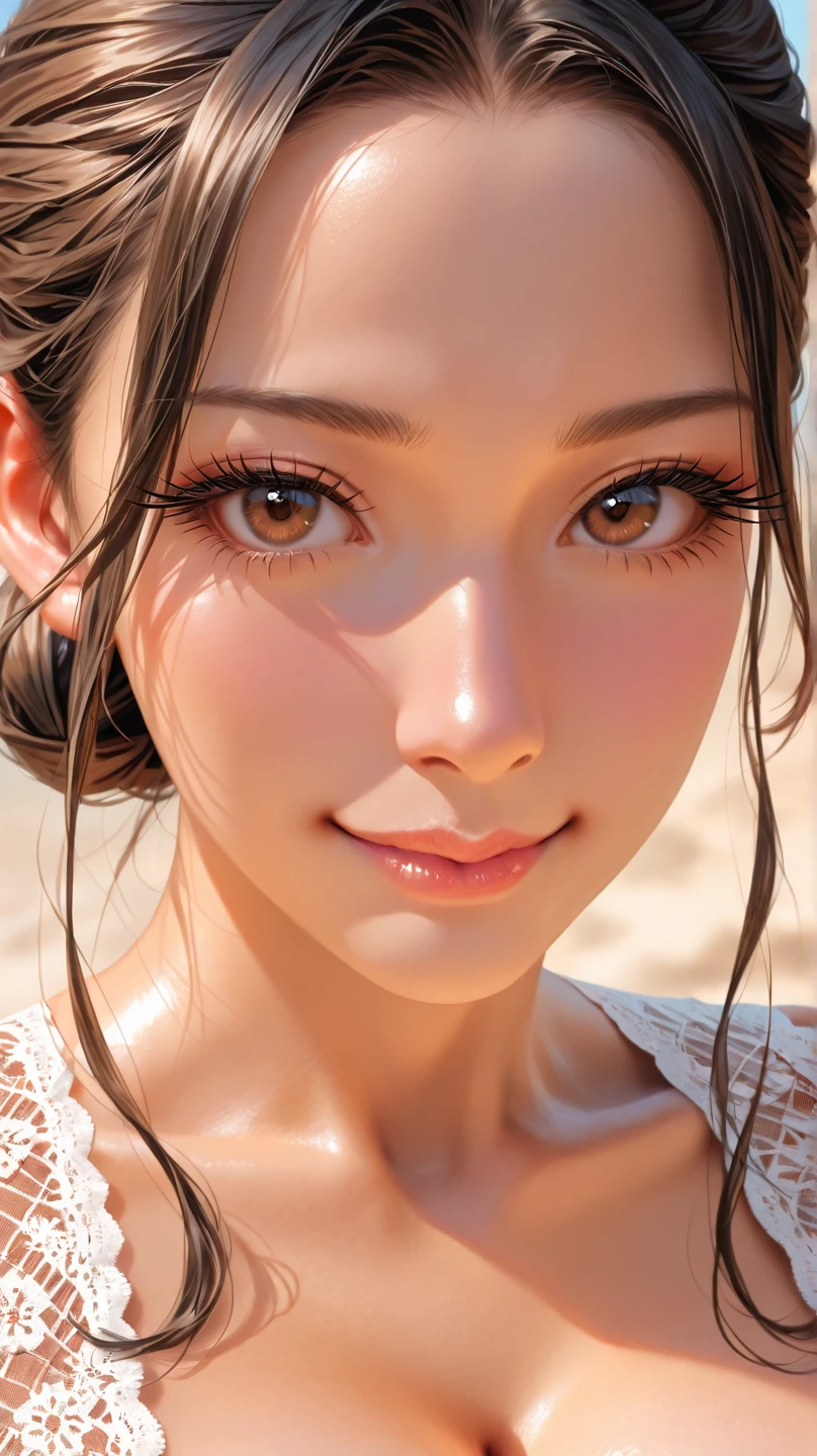 detailed realistic photo of middle aged woman wearing sexy tanktop, (small soft nipples covered by tanktop:1.1), low light, sunset, low contrast, (detailed skin face and eyes), (from_below:1.2), wideshot, realistic eyes, (modelshoot style)