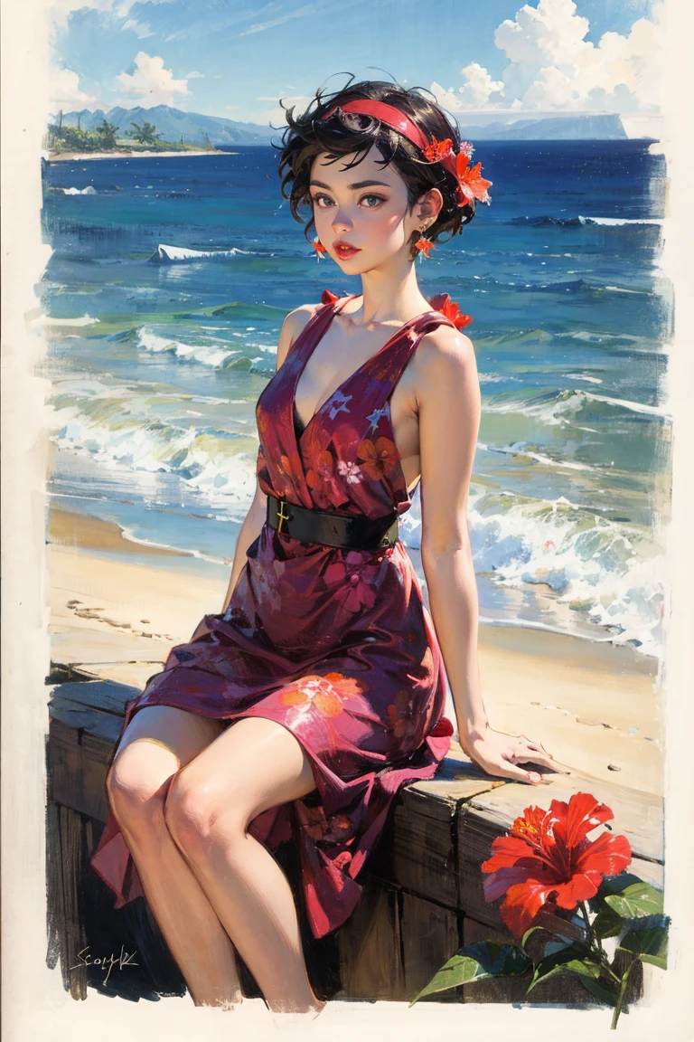 Paper cut, simplistic, Young woman, red dress, standing, beach, palm trees, soft shadows, (masterpiece)