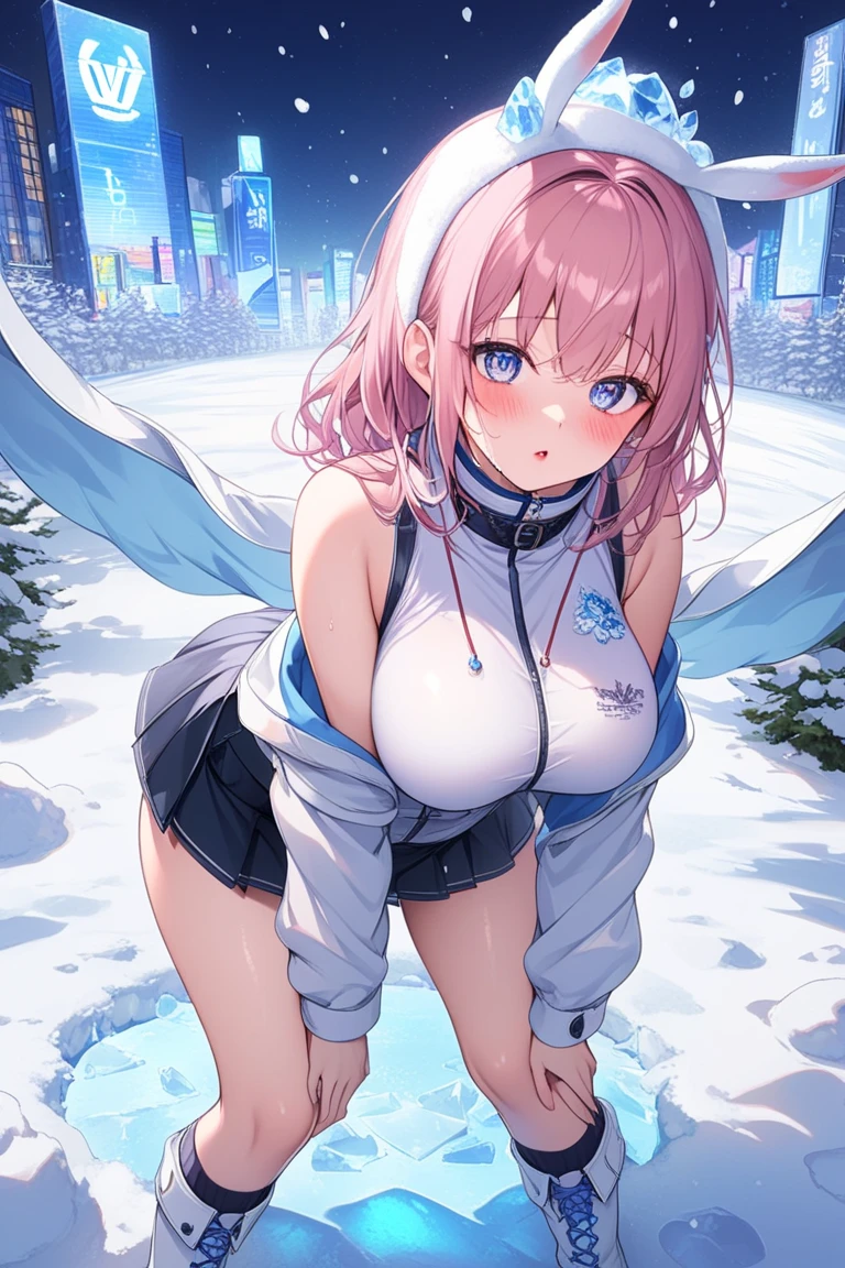 masterpiece, highest quality, High resolution,  short hair， Short skirt、Drooping eyes，Outdoor，barefoot，Looking up，Embarrassed face，Angle from below、Big Breasts，Spread your legs、wear ski wear、White underwear、See-through、Pink Hair、White knee socks、Peace sign next to face,snow