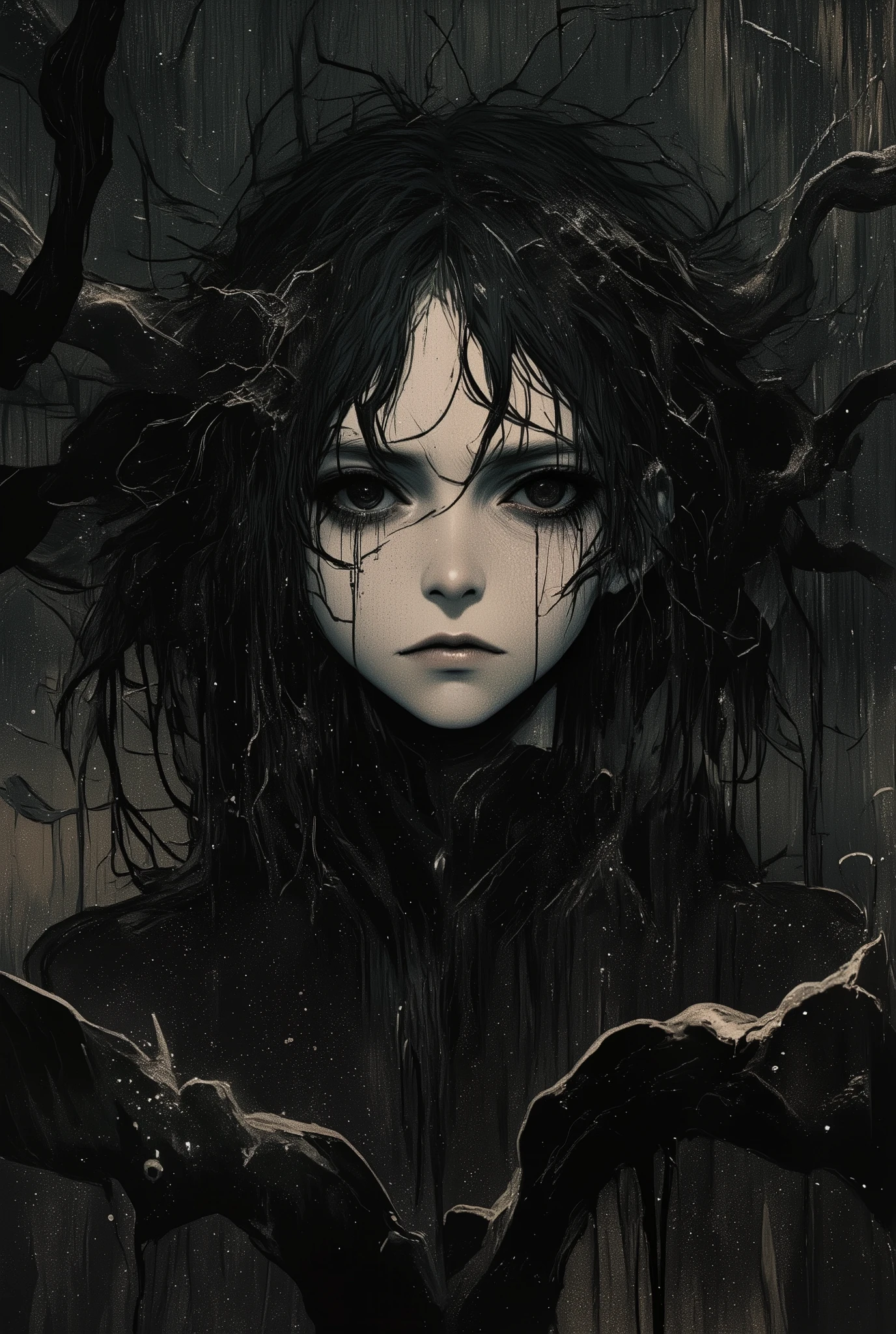"The wethead is dead", wet head, dead, portrait, photorealistic, dark, grim, moody, dramatic lighting, ominous atmosphere, deep shadows, pale skin, sunken eyes, disheveled hair, water dripping, lifeless expression, grunge, gothic, cinematic, oil painting, 8K, HDR, professional, highly detailed