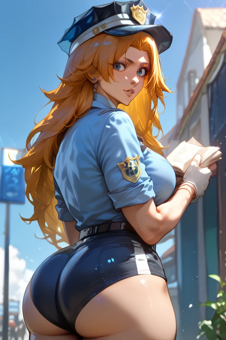 masterpiece, highest quality, best quality, official art, beautiful and aesthetic: 1.2), (1girl), extremely detailed, (fractal art: 1.3), colorful, highest detailed, perfect face, upper body, HDR, (prayer: 1.3), (dynamic stripes, luminous traces: 1.2), bright colors, seras, garage,  mechanic, standing, ass focus, breasts, large ass, bare ass, naked, nude, ass window, sexy, wide hips, thicc figure, Detailed blue eyes, Detailed face, Detailed eyes, perfect face, perfect eyes, wearing denim shorts, exposed back, shirtless, looking back, looking at viewer 