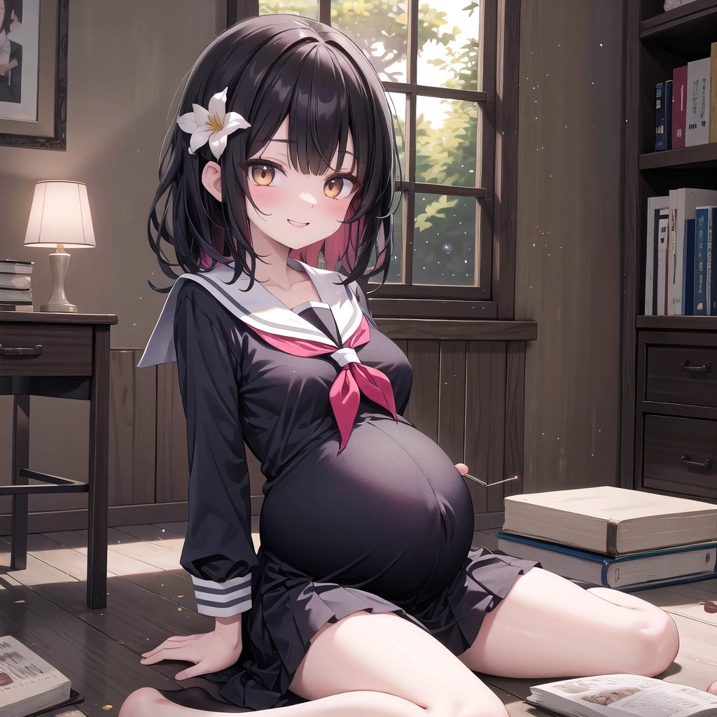 Rikka body, rikka takarada, Black Hair, blue eyes, Long Hair, orange Scrunchie, Scrunchie, wrist Scrunchie,smile,blush,
break black footwear, black skirt, bow, bowtie, button, cardigan, collared shirt, Long sleeve, microskirt, pleated skirt, red bow, red bowtie, red shoes下, , shirt, shoes, skirt, shoes下, Thighs, (white cardigan:1.5), white shirt,During pregnancy, childbirth, work, During pregnancyのお腹を抱きしめる,
break indoors, room,
break looking at viewer, (Cowboy Shot:1.5),
break (masterpiece:1.2), highest quality, High resolution, unity 8k wallpaper, (figure:0.8), (Beautiful fine details:1.6), Highly detailed face, Perfect lighting, Highly detailed CG, (Perfect hands, Perfect Anatomy),