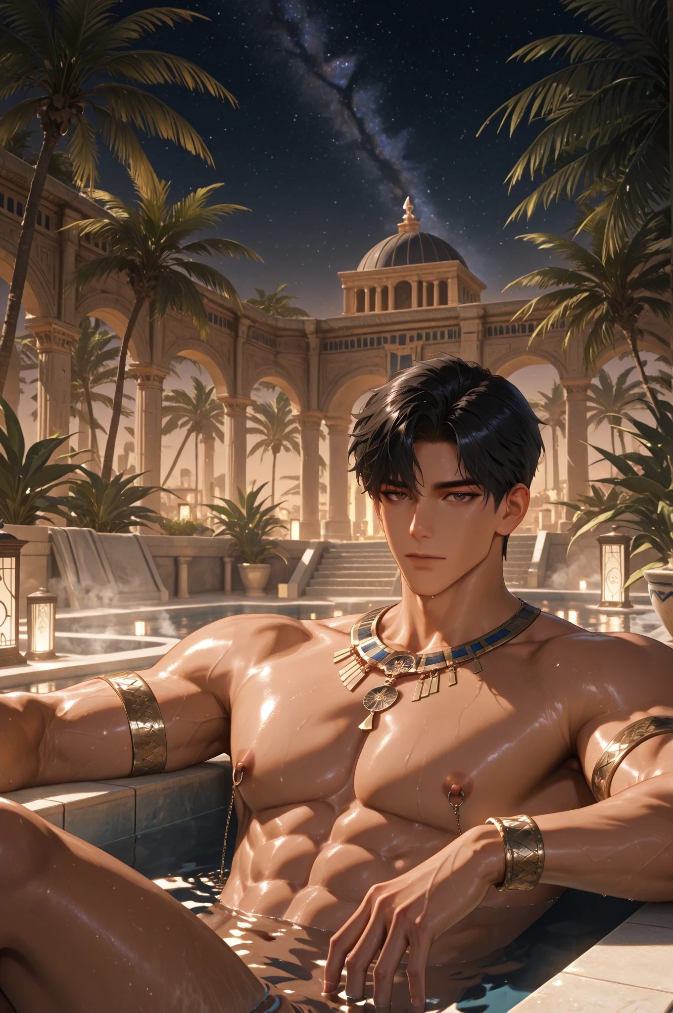 Ojos violetas masculinos masculinos definidos , mongrel violet hair teenager under 15 years shirtless skin broced wears jewelry from ancient egypt clothes from ancient egypt egyptian palaces in the background