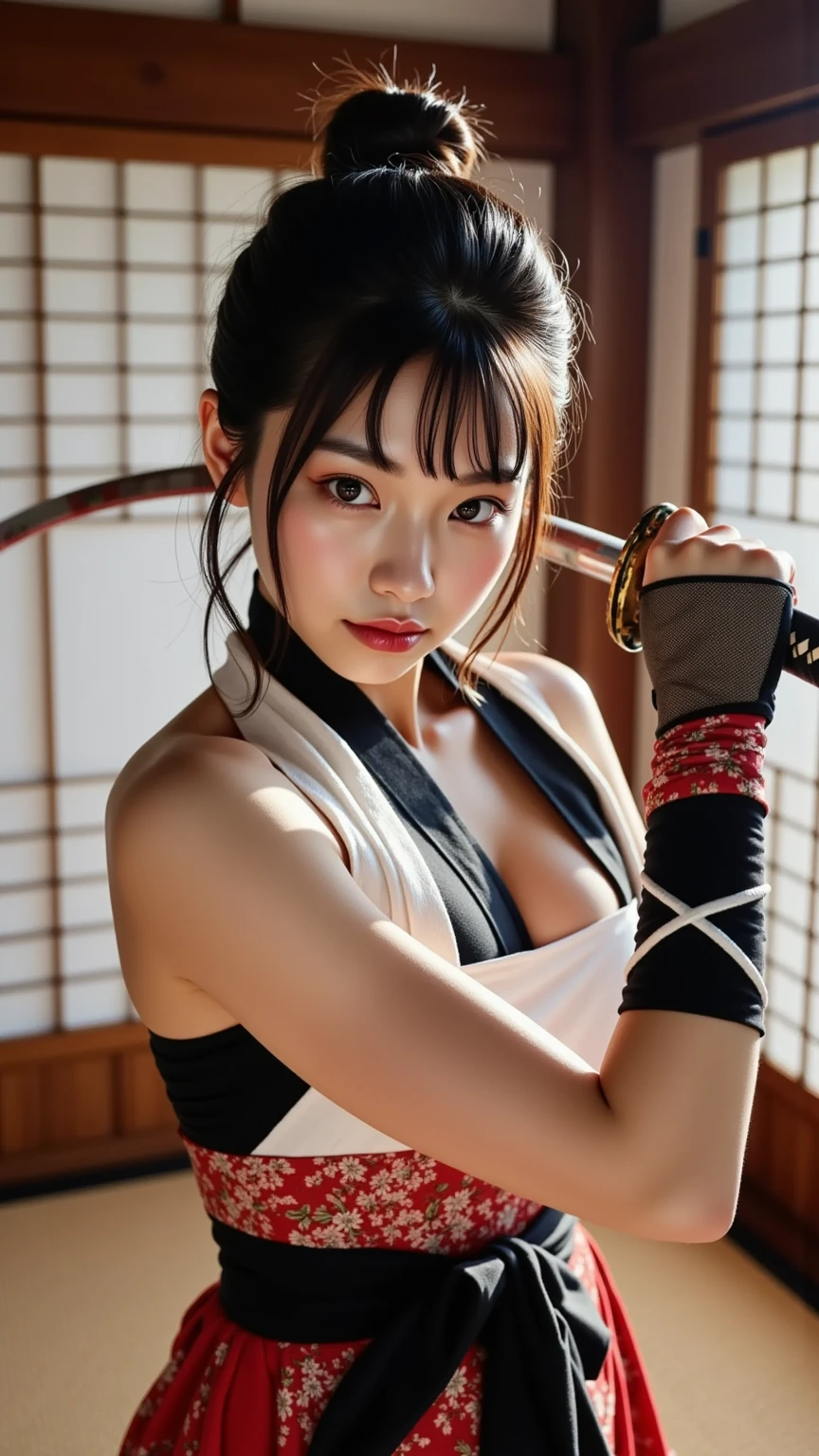 ２０Year、beautiful,、Cute Girls、The appearance of the Kunoichi、dragon tattoo on body、Hold the Japanese sword in front of your body、Pull out and hold the sword、