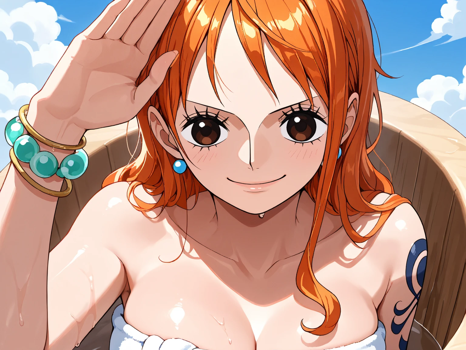 a cartoon picture of a woman in a bikini top and jeans, nami one piece, nami from one piece, nami, beautiful portrait of nami, from one piece, oppai, blue eyes, smoking, ponytail, nsfw