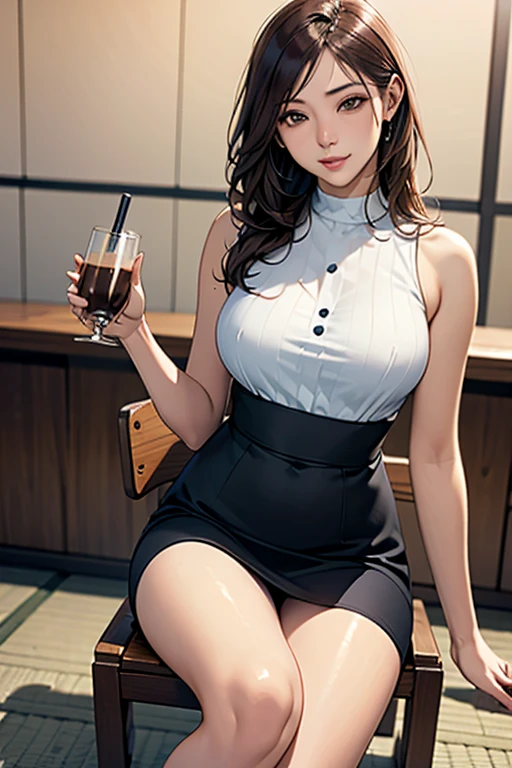 there is a woman sitting at a table with a drink, with a drink, mysterious coffee shop girl, drinking coffee, russian and japanese mix, in a coffee shop, beautiful asian girl, sexy girl, japanese goddess, gorgeous chinese model, sitting on a mocha-colored table, with glasses, very sexy outfit, hot coffee, seductive anime girl, cleavage