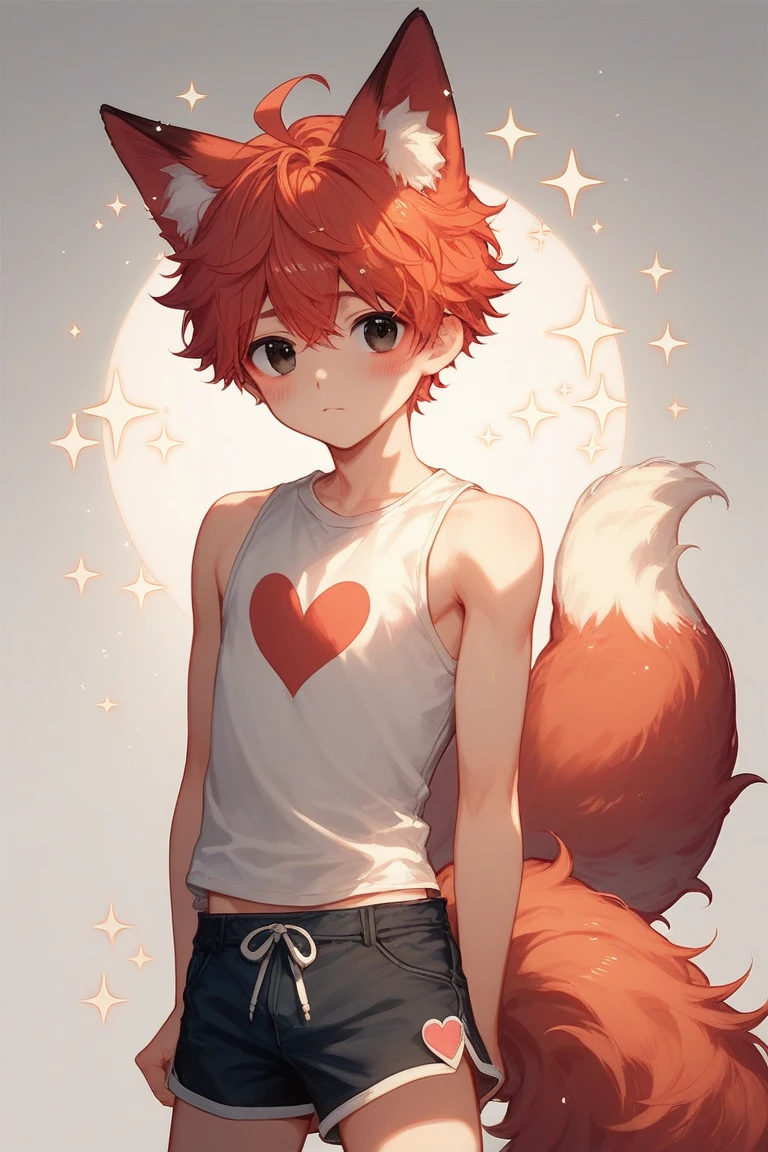 spheres，trpical garden，short detailed hair，red  hair，starrysky，red and white fur everywhere，Wolf ears，Wolf type，Big fluffy tail，tmasterpiece，High-quality portraits，shaggy, shaggy male, malefocus, eyes with brightness, in a panoramic view, Character focus，light blue sports shorts,male people，Blue eyes，Naked upper body，adolable