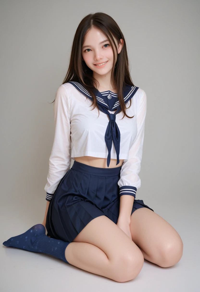 ((highest quality、8k、masterpiece:1.3)),((((cowboy shot)))),Ultra-high resolution,big eyes,Japanese,bangs,(a girl),(1 girl),((20 years old)),grin,((facing at viewer)),(long hair),(((black sailor uniform))),((sitting on chair)),(pleated mini skirt),(((pussy))),((pubic hair)),((skirt lift)),((short crew socks))