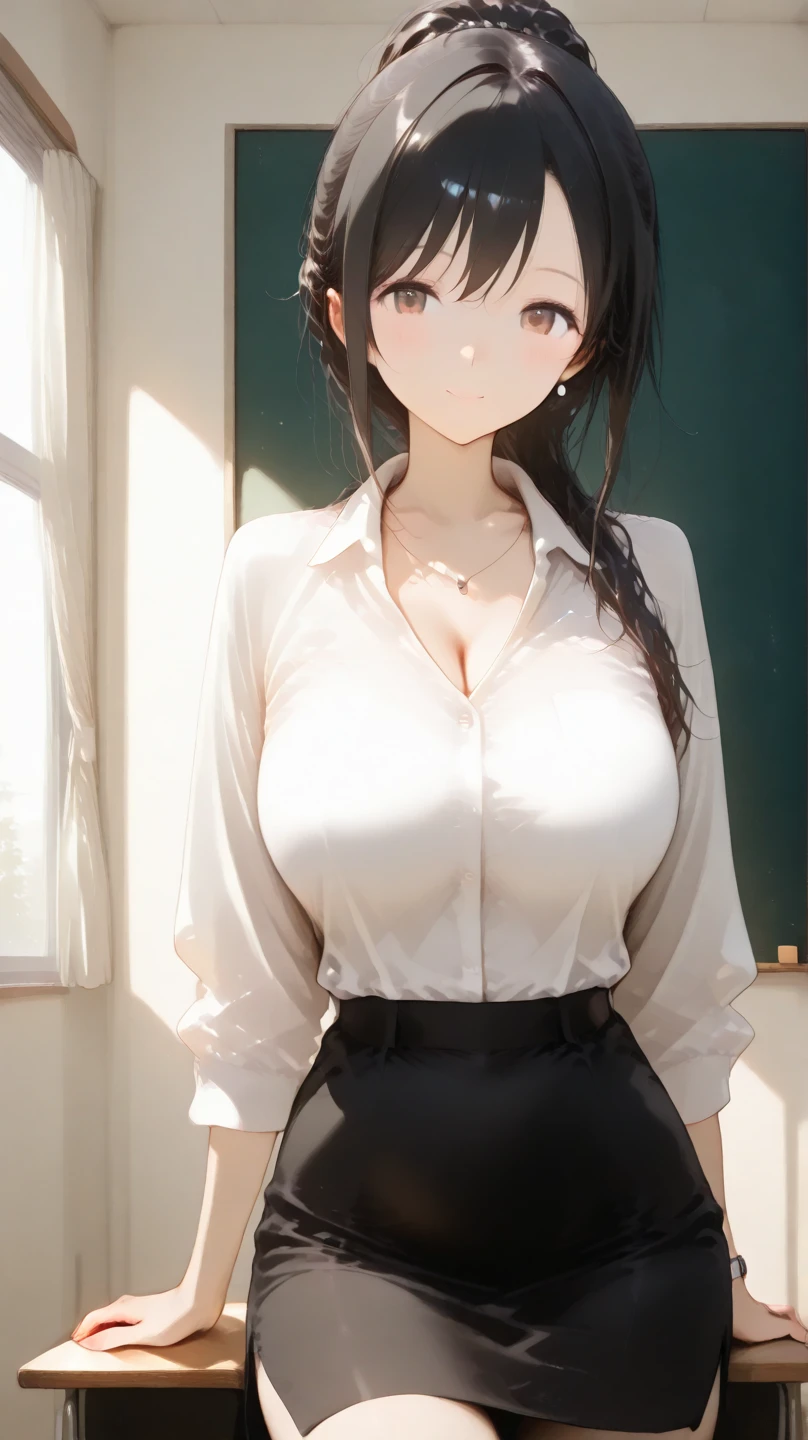 (Highest quality)), ((masterpiece)), (detailed), Perfect Anatomy,Very sexy,Sexy married woman,Full Body Shot,One Woman, Baby Face,Full Body Shot,28-year-old married woman,((Highest quality, 8k, masterpiece: 1.3, One beautiful woman)), Big Breasts,Slim figure,Beautiful body lines,Thin arms,Curved waist,Thin legs,Beautiful fingers,Navy Blue Suit,Dark blue short tight skirt,,White open-collar shirt,((Wide open shirt 1.8)),(((Valley 1.8))),A pose that emphasizes the chest,Natural light,School classroom,Women are teachers,Long black hair,Straight hair,Beautiful and shiny hair,Beautiful Eyes,Beautiful double eyelids,Dark Eyes,The look of temptation,((Sit with your legs open 1.8)),Sit at a desk,White panties are visible,Hands open shirt,Sweaty cleavage,Raise the hand,