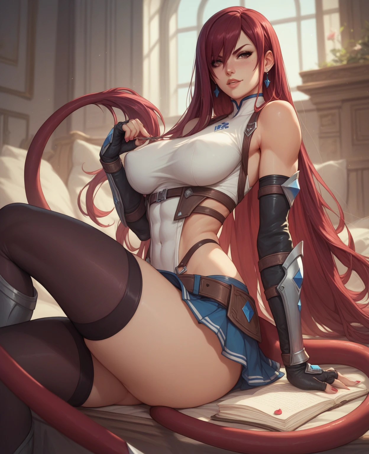 erza in a red bunnygirl outfit, tights, tattoo on left shoulder, fairytail tattoo, masterpiece, best quality, bedroom, 1girl, solo, looking at viewer, blushing, shy, embarrassed, cleavage, highheels, fullbodyshot, whole body in shot, pink painted nails, nail polish, very detailed, high quality, demanding face, detailed hair, (best quality), (masterpiece: 1.1), (very detailed CG unity 8k wallpaper: 1.1), (color: 0.9), (panoramic shot: 1.4), (single: 1.2), (splashed ink), (splashed color), ((watercolor)), clear and sharp focus, anatomically correct, toned body, very detailed anatomy, big ass, big thighs, glossy lips, wet looking lips, very detailed eyes, sexy, seducing, small waist, big hips, detailed cameltoe, make-up, mascara, red eye shadow, perfect ass, huge breasts, human ears, oiled skin, wetlook, shiny skin, tan, saturated lipstick, glossy lips, shiny leotard, highleg, thong, very detailed clothing, detailed textures, thights texture