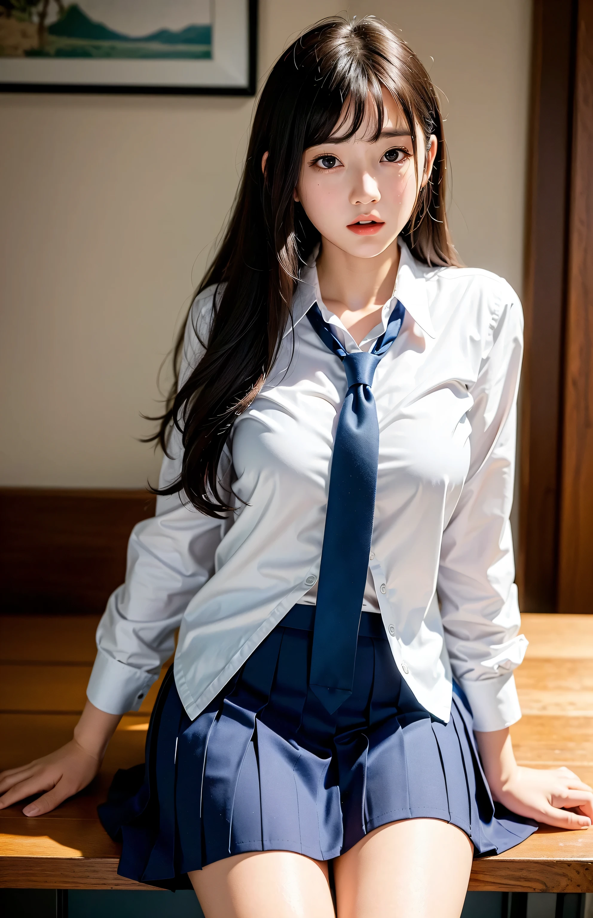 Highest image quality、8K quality、masterpiece、professional writing、(Two women with huge breasts are standing:1.3)、(Super big breasts compressed with clothes:1.2)、Whitening skin、Shining blue eyes、(A tight pure white shirt that completely covers her huge breasts)、Crimson Ribbon Tie、Amazingly short super mini pleated tartan check skirt、(The upper body is hidden by the shirt and no skin is visible.)、(slim waist)、above the knee、Skirtliftv1、(Beautiful butt:1.2)、(Super big breasts straight ahead composition:1.2), (white panties)
