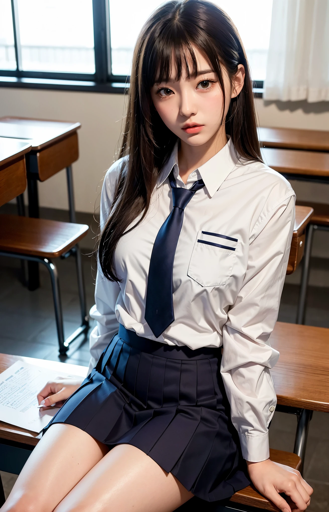 (1 girl), (sexy look:1.5), (flat chest:1.3), (very detailed目, very detailed顔), (超realistic, High resolution), (highest quality:1.4), (hyper quality), realistic skin texture, RAW photo, (realistic, Photoreal:1.37), very detailed, professional photography, (school uniform, pleated skirt:1.3), (look at me), (School, classroom), ((Meet me face to face:1.4)), (from below:1.3), realistic private parts, lace panties, Japanese high school girl、超highest quality、masterpiece、超High resolution、Depth of written boundary、(Photoreal:1.4)、(Award-winning photo、信じられないほどのmasterpiece:1.3) 、RAW photography、golden ratio、Highly detailed CG Unity 8k wallpaper、detailed and complex、original、High resolution、RAW photo、(perfect body shape)、detailed and complex、Digital single-lens reflex camera、soft writing、(background person blur:1.1)、Sigma 85mmF/1.4、50mm Lenac lighting、nffsw、hyper real、color grade, Rear view,from below:1.3), (((hold the hem of her skirt, she spreads her legs and shows off her real pussy.:1.4))),