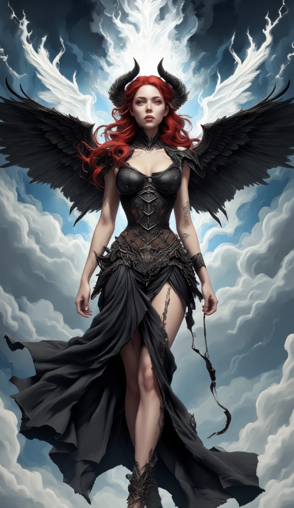 Monochrome manga-style woman, ethereal presence with magnificent wings, each feather radiating a spectrum of colors, captivating and vibrant hues in stark contrast to the grayscale surroundings, defined sharp features highlighting a scar running through her left eye, symbolizing resilience and mystery, positioned on the outskirts of a bustling city, dilapidated buildings in the background merging architecture with animated storytelling, dynamic flow of wings creating a sense of motion, soft yet expressive  expression conveying strength and vulnerability, intricate detailing in the wings with fine linework emphasizing textures, cinematic composition that captures the tension between the urban and the fantastical, detailed ink shading to create depth and richness, high-contrast juxtaposition between dark shadows and luminous highlights on wings, melancholic yet inspiring atmosphere that invites viewers into her world of duality and conflict, typically sharp manga-style expressions that amplify emotion, series of sweeping lines capturing the energy of the character, urban setting infused with elements of fantasy and depth that tells a tale of struggle and beauty through a monochrome lens