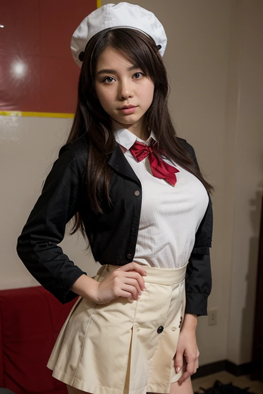 (1 lady), (Best quality at best:1.4), (ultra - detailed), (extremely detailed CG unified 16k), A Beautiful Woman with Perfect Figure: 1.4, Sharp Focus: 1.2, very detailed, High-definition RAW color photo, professional photoshooting, amazing face and eyes, cosmetics, (amazingly beautiful girl), ((Sonozaki Shion)), ((yellow ribbon, white shirt, blue necktie, blue skirt, black kneehighs)), standing, sexyposture,(Stylish urban landscape, day light), (look from down), realistic cinematic face, head to feet long wide zoomed out view, full body long view, photorealistic, ((realistic natural green hair style, green eyes, long hair)), gorgeous, extremely beautiful face, perfect model beauty, pout mouth, Highly Detailed Face and Skin Texture, Detailed Eyes, Double Eyelids, Big Breasts, Smile, cleavages, western, (masterpiece), best quality, high resolution, extremely detailed, detailed background, depth of field, cinematic lighting, amazing legs, clear and well-cared skin, (((woman occupies most of the picture)))