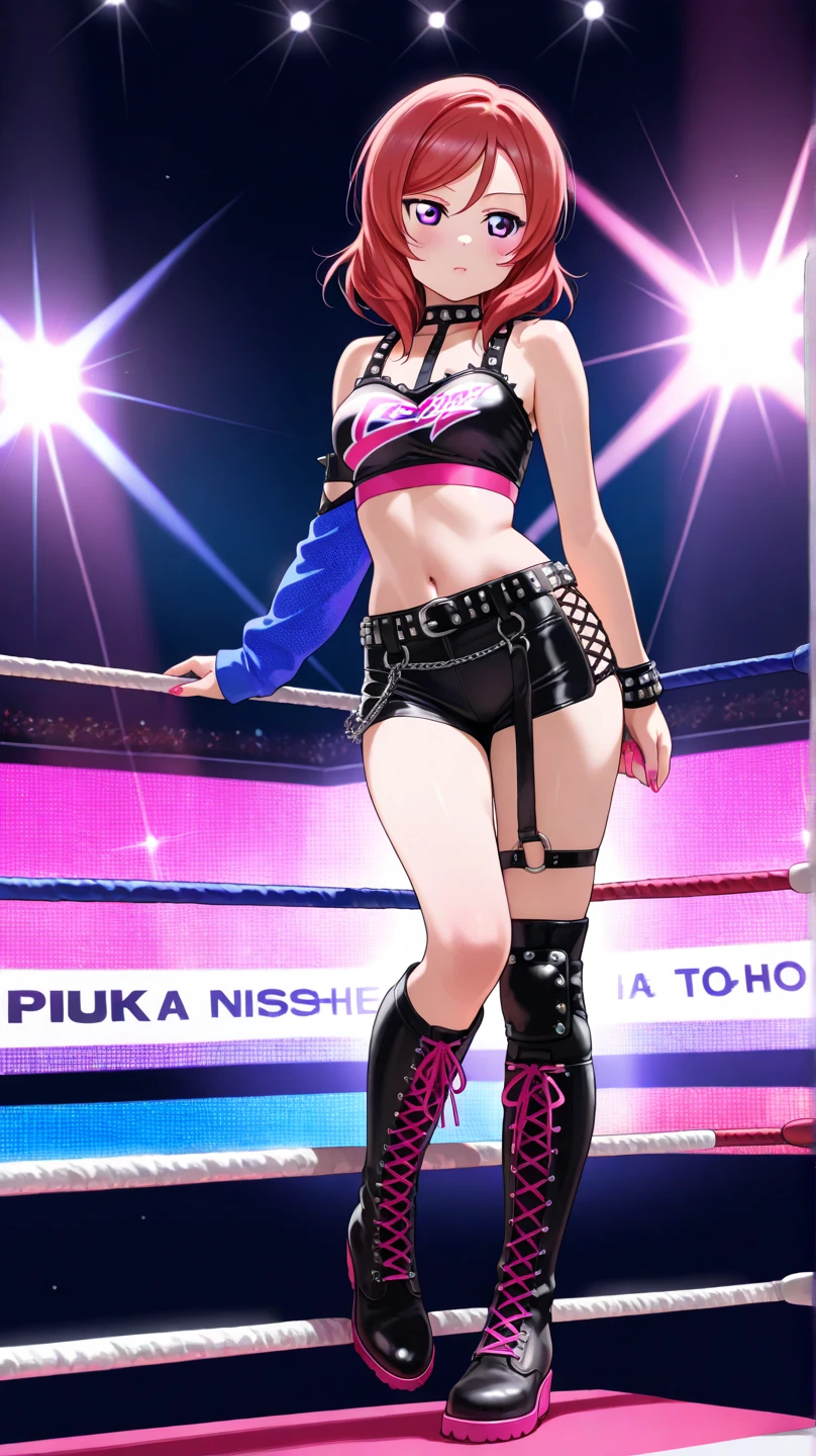 Japanese female wrestler in white black and pink bra, white black and pink trunks, black arm straps, pink eye shadow and black lipstick, short pink hair, photo realistic, intricate details
