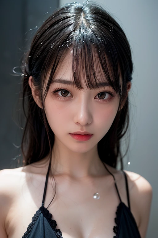 Beautiful woman with perfect body:1.4,Layered Hairstyle,Prominent cleavage,Highly detailed face and skin textures,Double eyelids,Skin Whitening,Long hair,Whitened long legs,Korean female high school uniform,Sexy goddess,( wet hair:1.5)