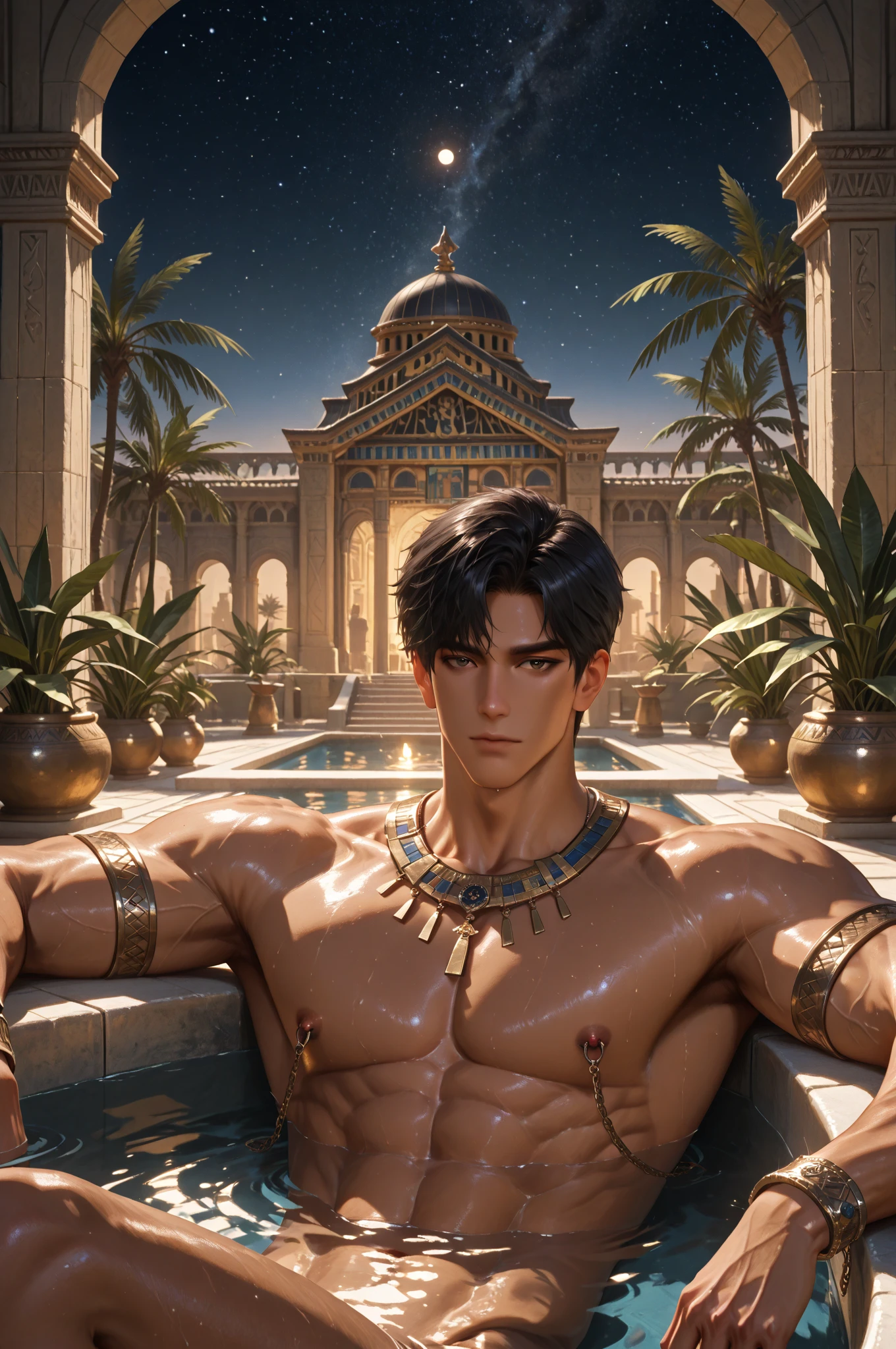 espalda de un chico adolescente piel canela sin camisa, viste un traje tribal de principe del antiguo egipto , ( lo vemos desde atras, vemos su espalda)