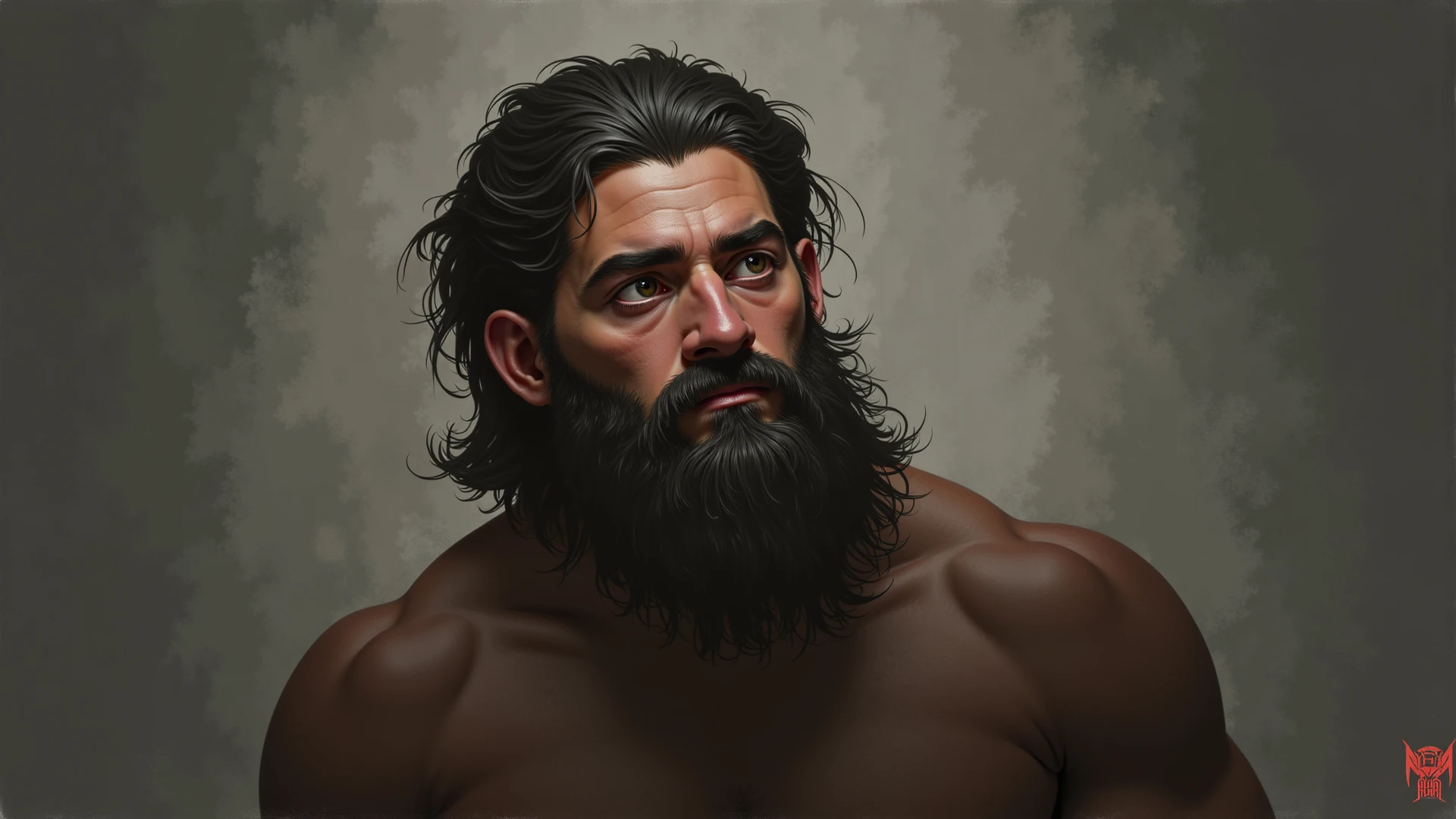 Create an image of a young man with black hair, long and straight and beard with long and beautiful hairs in the gradient. Extremely strong man with the best physique in the world 
