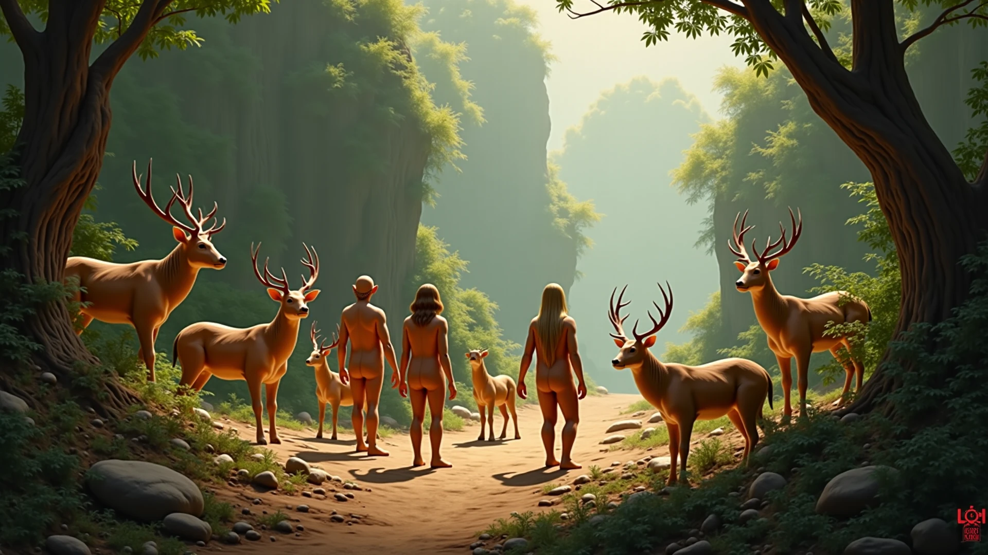 Lion and naked 1girl in magical forest, godrays and foliage