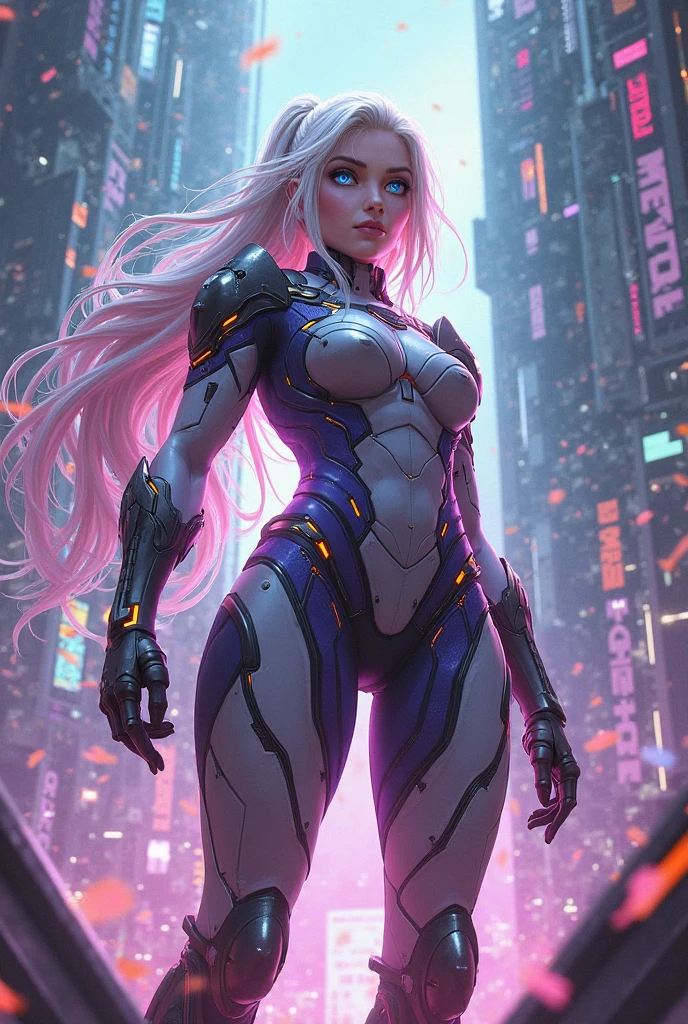 A mechanical girl of the future,gleaming metal,shimmering robotic movements,ethereal,Futuristic technology,advanced artificial intelligence,neon-lit cityscape,Metallic exoskeleton,highly detailed facial features,glowing LED eyes,meticulously crafted synthetic skin,extravagant futuristic fashion,hovering above the ground,exploring the urban landscape,futuristic technology,exquisite craftsmanship,metallic limbs with intricate designs,seamless integration of human and machine,surreal,otherworldly atmosphere,utopian cityscape in the backdrop,advanced weaponry integrated into her body,emitting a soft vibrant glow,expressive and captivating gaze,superhuman strength and agility,striking a pose of confidence and power,high-resolution portrait with vibrant colors and intricate details,breathtaking,awe-inspiring artwork. (best quality,4k,8k,highres,masterpiece:1.2),ultra-detailed,(realistic,photorealistic,photo-realistic:1.37),HDR,UHD,studio lighting,ultra-fine painting,sharp focus,physically-based rendering,extreme detail description,professional,vivid colors,bokeh,portraits,concept artists