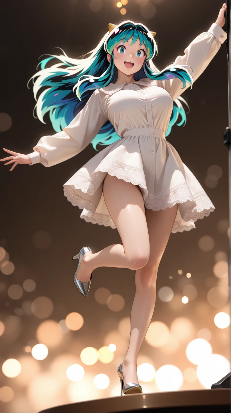 a 12 years old girl, ((having a lot of balloons)) , real photo, (((full body))), (looking back at me), twin tails, blue leather dress, epron,