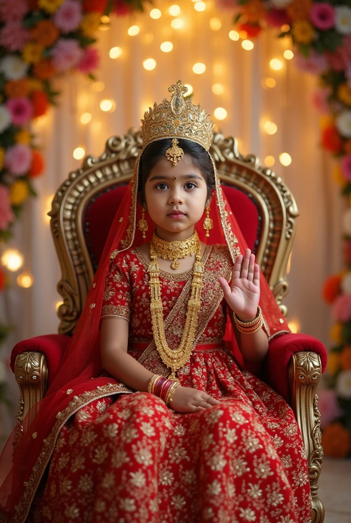 A realistic image of a cute little indian 2 year old baby girl as a Princess, with open hair, wearing a royal lehenga, in very big and beautiful palace and in house there are all around gold , wearing a crown and a royal attire and she is very very beautiful and gorgeous and besides her is a large size '2' cutout , indicating that its her second birthday. Bright, bold and colorful image, eyes facing straight at the camera, Flower garlands can be seen hanging from the palace archs, seems like a celebration time in the palace