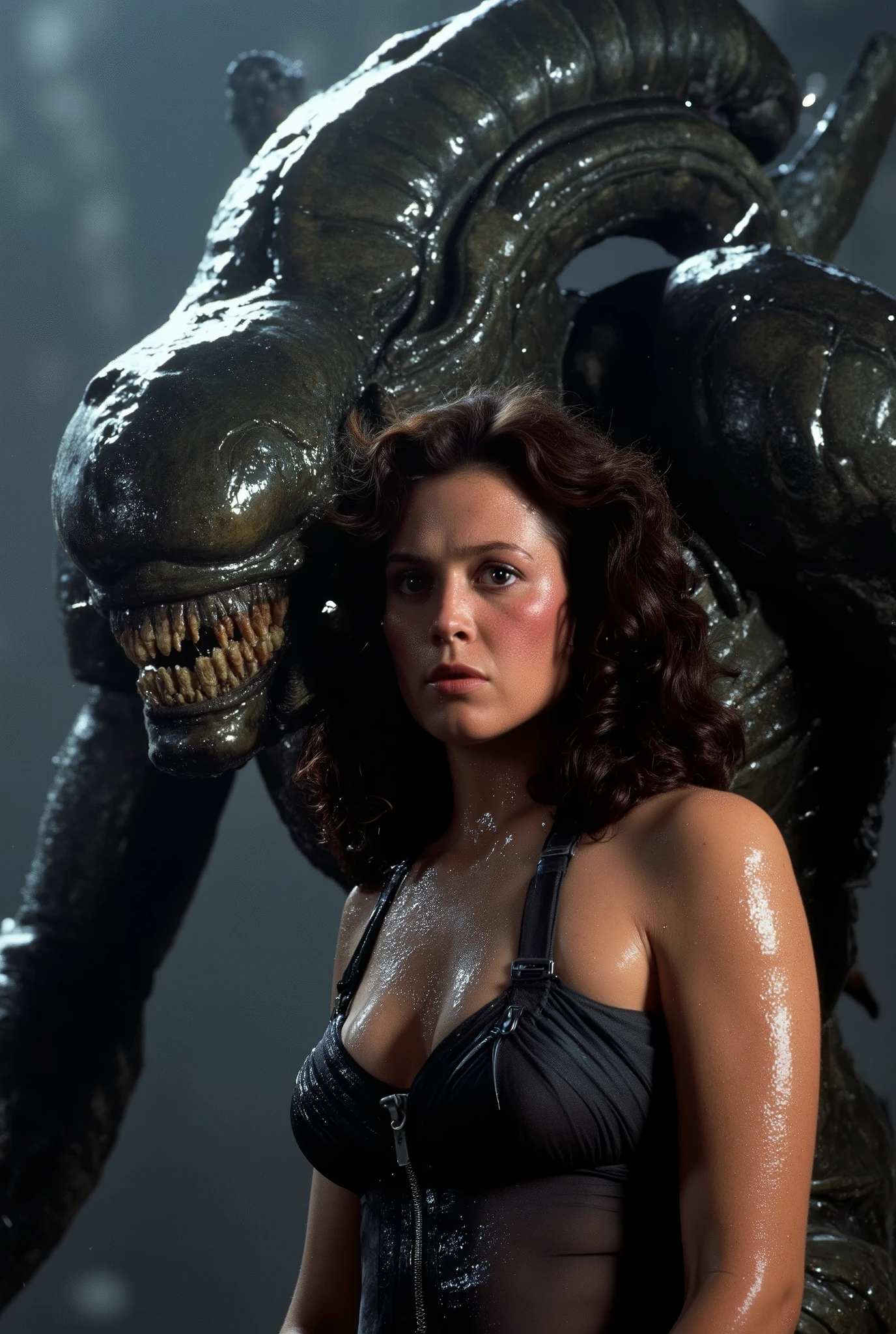 a massive xenomorph dick fuck unconscious Ellen Ripley pussy hard, Ellen Ripley is gunge all over her body and cum on her face