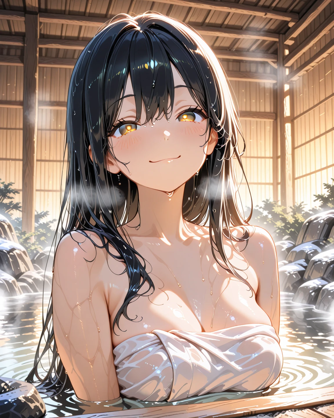 ((masterpiece,Highest quality:1.3,best quality illustration)),after sex,solo,1woman,(Mature Japan beauties)、black hair,long hair,blunt bangs,black eyes,gorgeous eyes,((very small head:1.3)),shy、((very long body:1.2)),medium breasts,((tan skin:1.4)), (gleaming skin,toned body,slender body, skinny),naked,nipples,((wet:1.5,sweat)),bathing、sitting,large wooden bathtub、hot spring、night、moonlight、nsfw,