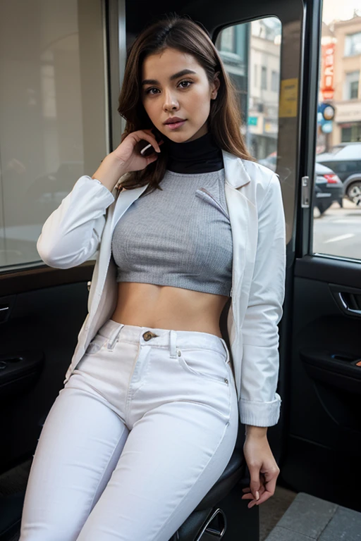 gorgeous young colombian woman, in car, sat , wearing a coat white, beautiful face, masterpiece, b est quality, ultra-detailed, solo, shadows, contrast, cinematic light, side lighting, ultra high resolution, best sha dow, RAW, 4k, 85 mm, poca profundidad de campo, Kodak Vision Color, extremadamente detallado, Cinemato grapher_\(ultra\), photoreallistic, Realstic, Postproceso, Maximum details, aspereza, vida real, ultra realista, fo torrealismo, Cinematographer, 8k UHD, Cinematographer