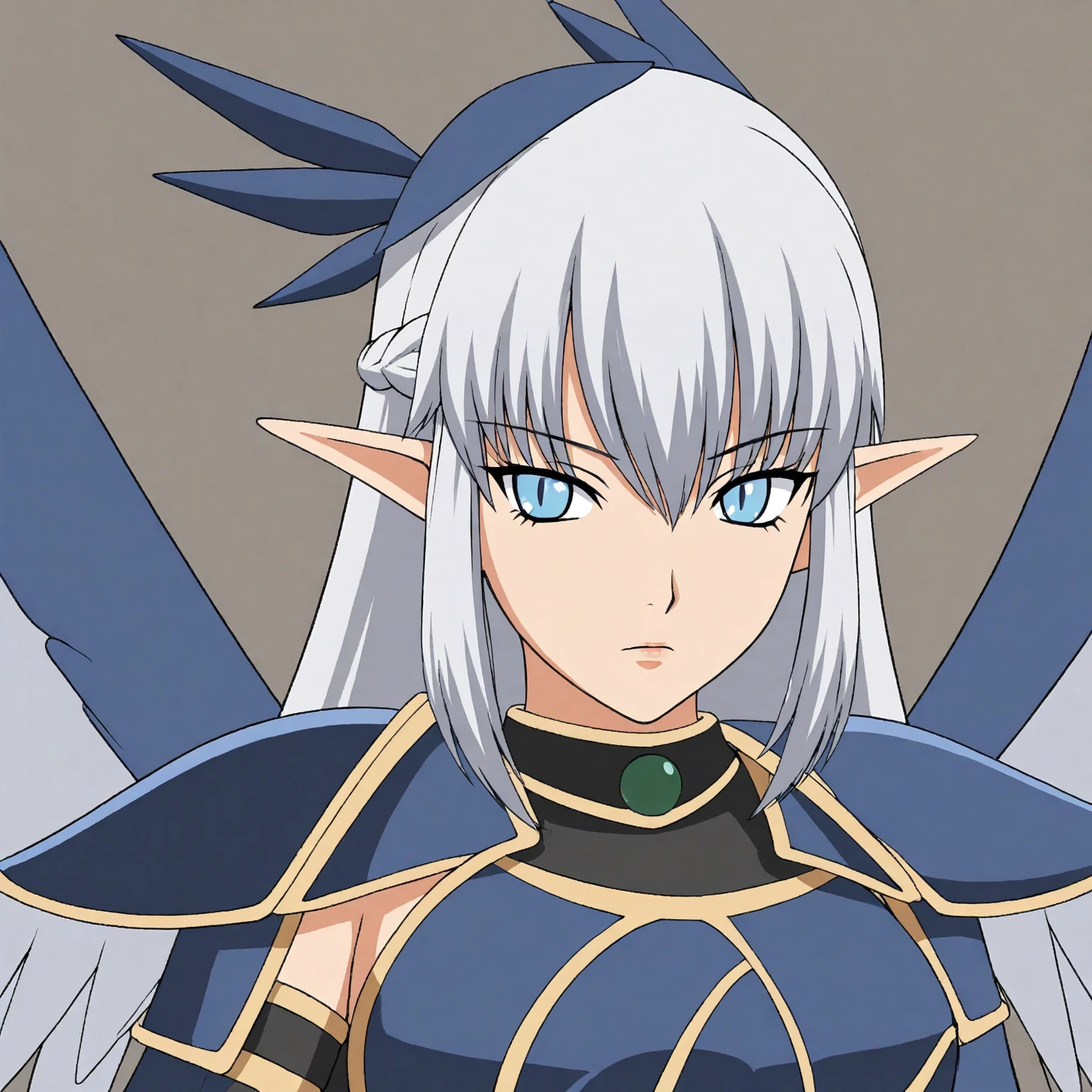 ophelia(claymore),1girl,Solo,fantasy,white skin,silver hair,show the forehead ,((slicked back hair)),((hair pulled back)),single braid,(long braid),(large braid),yellow eyes,white bodysuit,white gloves,collarbone,silver pauldrons,evil smile,evil,((simple background)),gray background,old school fantasy art,elf