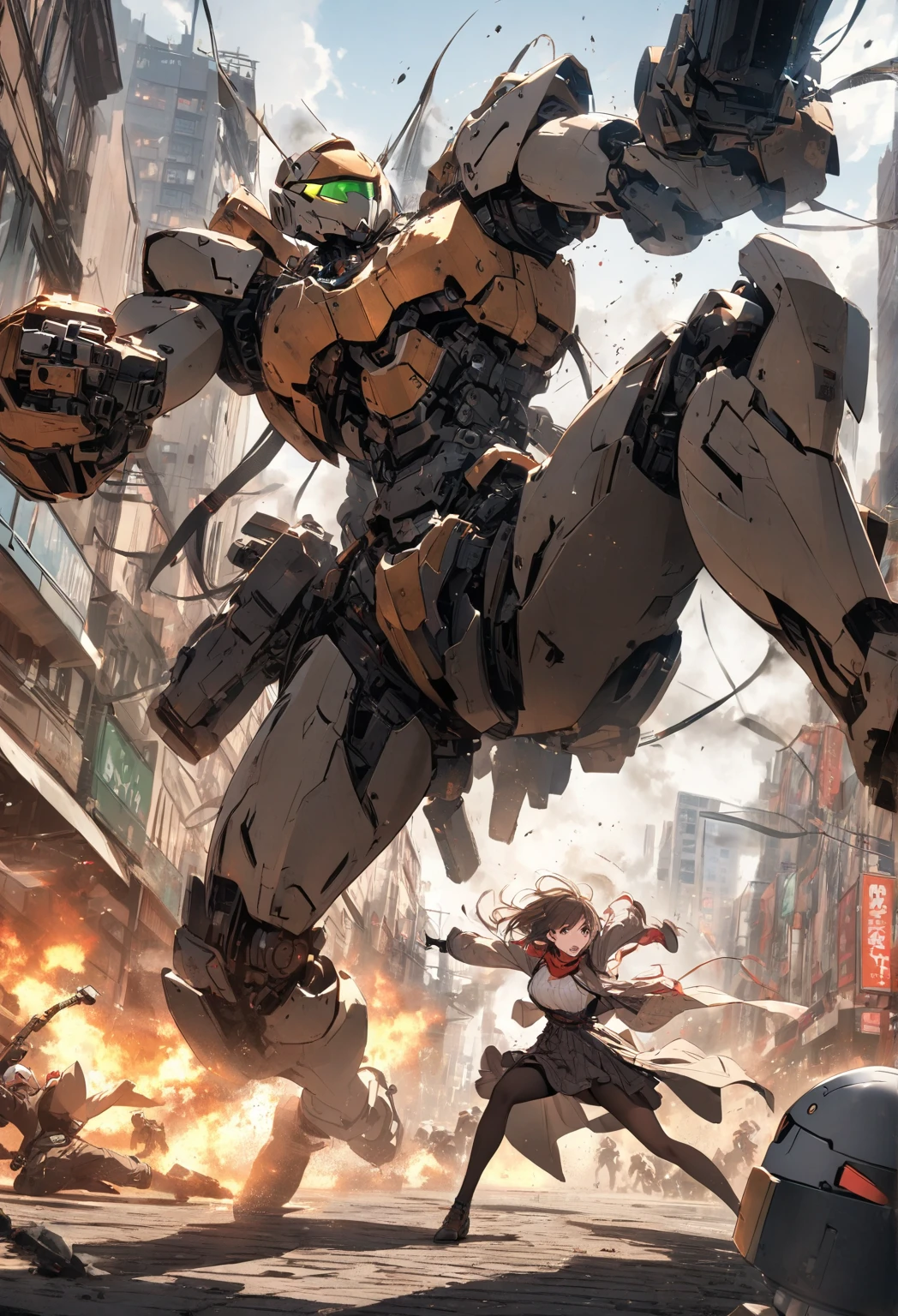 Full body front Asian mecha girl:
3. Full body photo, standing in a piece of urban ruins, mecha skirt, model figure, bare legs, mecha high-heeled shoes, mecha turtle in the back, Cyberpunk city in the background, Futurism, epic imagination, octane rendering, and mecha turtle in the back: 1.3, illusory engine, octane rendering, Quixel Megascans rendering, Blender, VRay, movie light, cold white, high detail Super quality: 1.5, 16k
resolution , 3D,