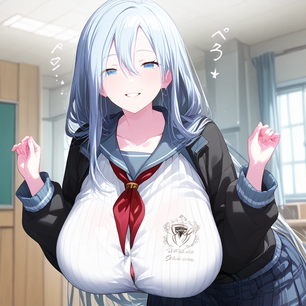 masterpiece, best quality, ultra highres, solo, (skinny body, thin body, narrow hip:1.5), skinny thighs, purple eyes, white hair, (colored inner hair, deep blue hair:1.2), long hair, hair ornament, (gigantic breasts, gigantic breasts:1.2), (school uniform, dress shirt, cardigan, pleated skirt:1.5), bow, classroom, cowboy shot, standing, bashful, (expressionless, close mouth:1.2)
