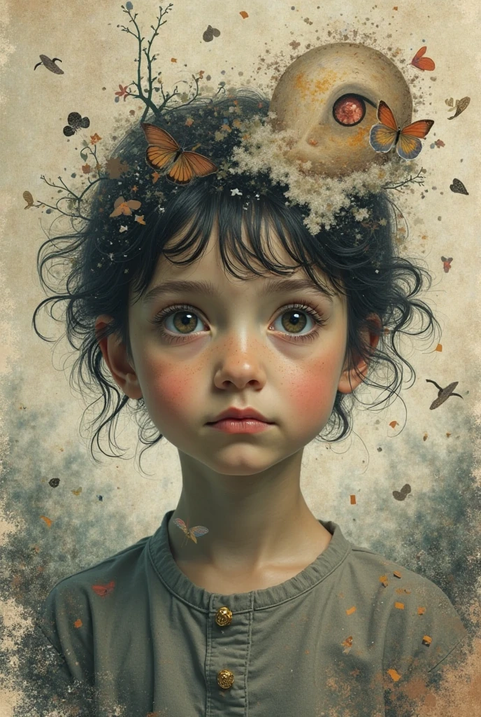 a painting of a little girl with a bird on her shoulder and a butterfly on her shoulder, with a dark background , chaingirldark style elegant, highly detailed, artstation, concept art, matte, sharp focus, art by Artgerm and Greg Rutkowski and Alphonse Mucha
