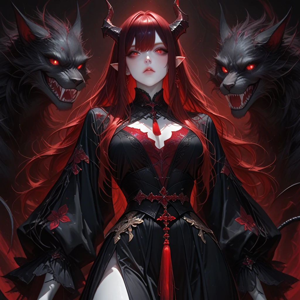 (Ashenhard style:1.4), tmasterpiece, top-quality, high high quality,(Has a dark red glow and red eyes、Dark shapeless creatures surrounded by darkness:1.2), (In profile), (Dark:1.2), abstraction, abyssal, an award winning photograph, depth of fields, NFFSW, The is very detailed, trending on artstationh, Trending in CGSighbour, twists, high detal,(tmasterpiece:1.2、top-quality)、(The best lighting、Extremely Delicately Beautiful)、(The best lighting、Extremely Delicately Beautiful)、(beautifull detailed face)、(Detailed eyes and detailed face:1.2)、((4 Fingers,thumb、Detailed hands and fingers,High resolution hands and fingers:1.2)),((Hands down)),(Random hairstyle 1.5),Dark fantasy, (Young girls, small beast, 1girl in, 独奏, Crazy smile, Pale skin,pointy-eared,19 piercings,((Tattoos all over the body,Tribal tattoos all over the legs)) whaite hair, Eyes glowing red, Dynamic Angle, Vampires), (Chain in the background,Get a magic array,Summon demons), (Demons from the magic circle)Magic Thunder, tusks,devil horns,Blood on the face,Blood rain,Blood fog,(depth of fields),hight contrast,(blood splattere:1.4),cow boy shot,full body Esbian,pyjamas,birth,Gorgeous stage